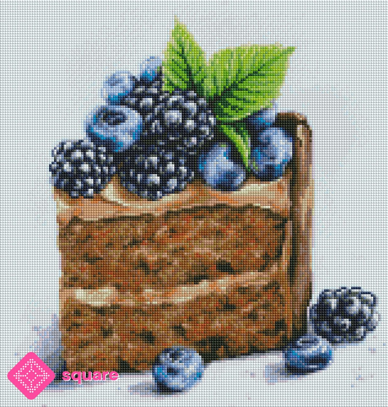 Diamond Painting Vorschau mit opulenter Schokotorte, dunklen Beeren und einem frischen Minzblatt in warmen Braun- und Beerentönen in funkelnder Steinoptik