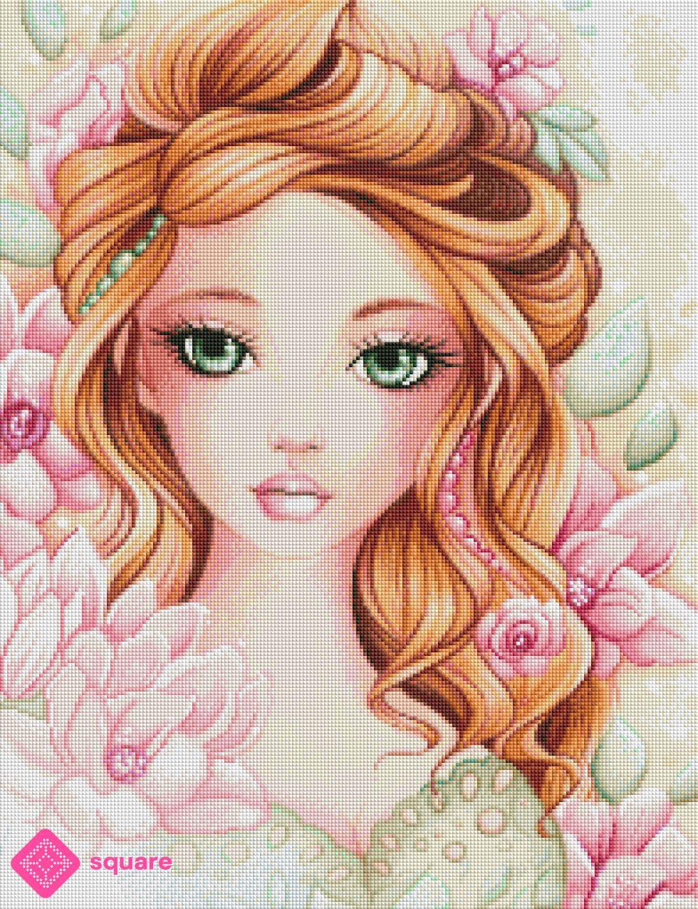 Diamond Painting Vorschau mit Camellia Portrait und zarten Blüten in funkelnder Steinoptik