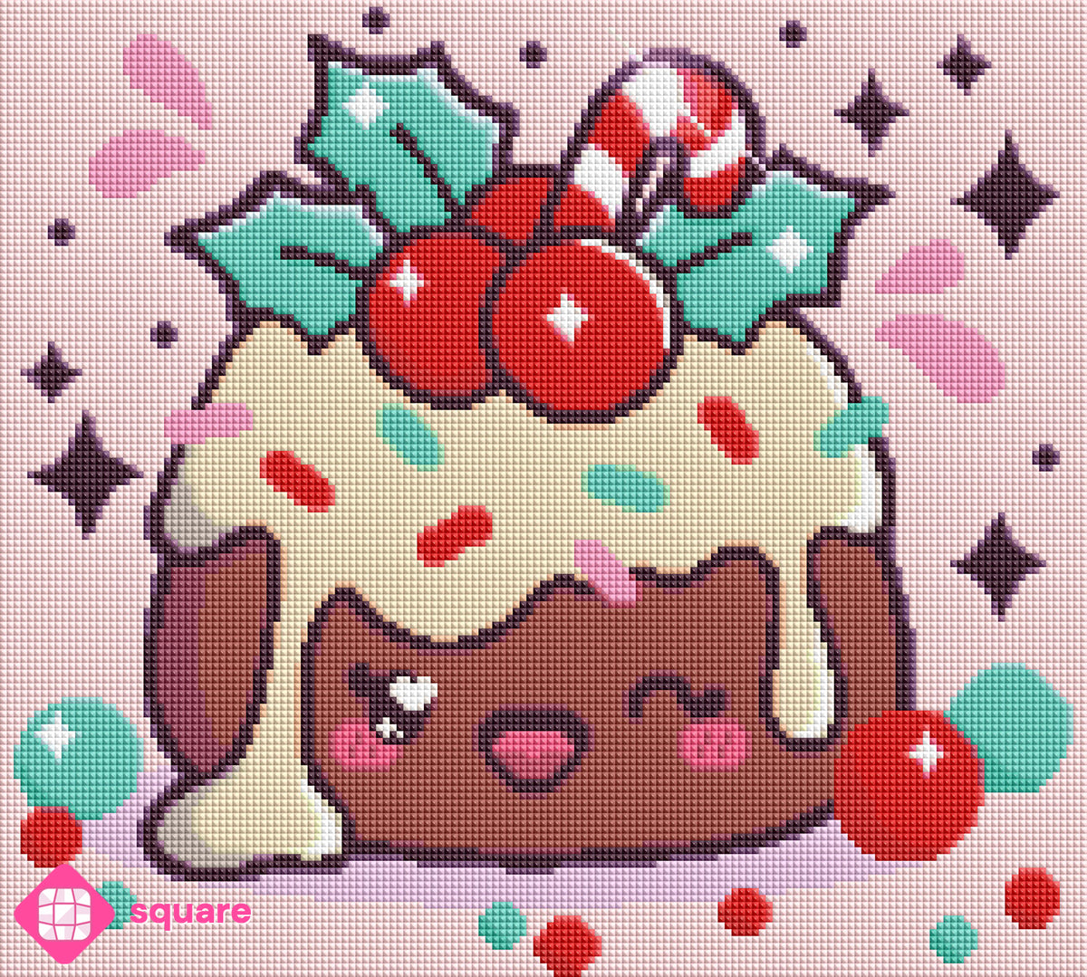 Diamond Painting Vorschau mit einem niedlichen Kawaii Christmas-Pudding mit weißer Glasur, Beeren- und Blätterdeko sowie einer kleinen Zuckerstange, umgeben von funkelnden Tropfen, Beeren und Sternen in Steinoptik