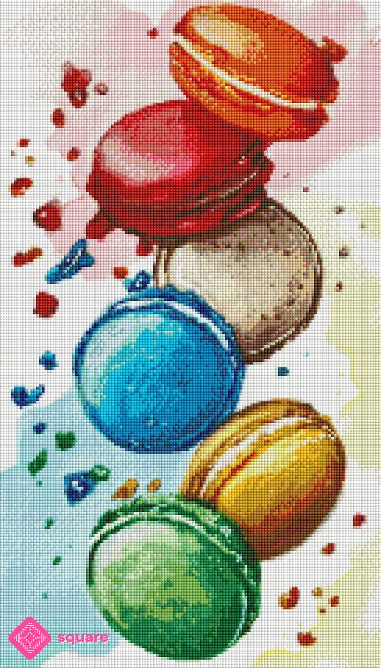 Diamond Painting Vorschau mit bunten Macarons in funkelnder Steinoptik