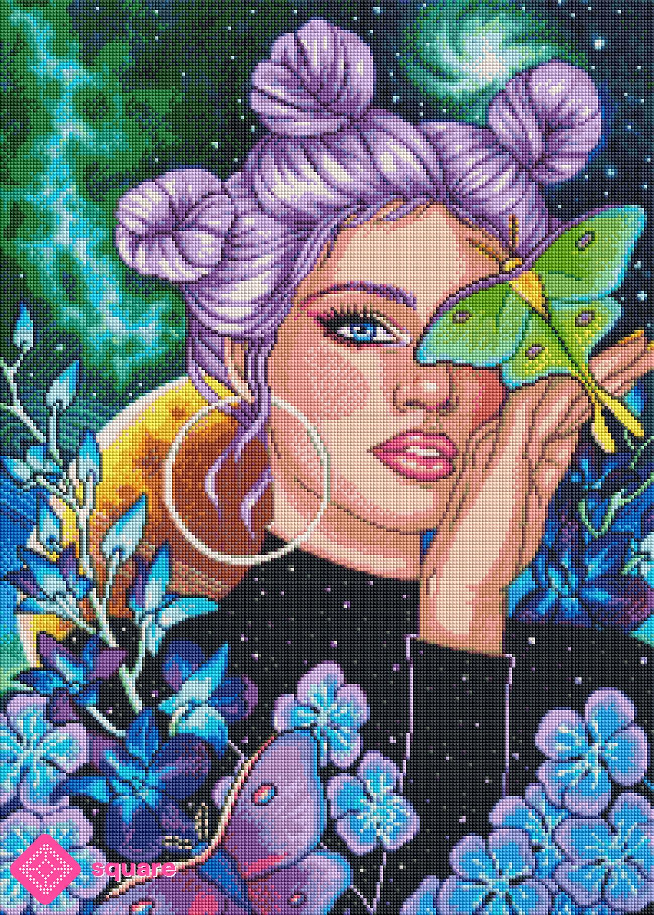 Diamond Painting Cosmic Girl mit Galaxie, Blumen und Nachtfalter in funkelnder Steinoptik