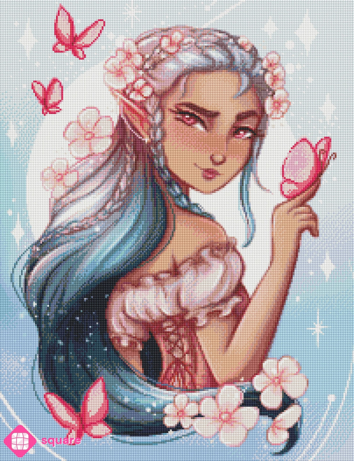 Vorschau eines Fantasy Diamond Paintings mit Elfe, rosa Blumen und Schmetterlingen in funkelnder Steinoptik