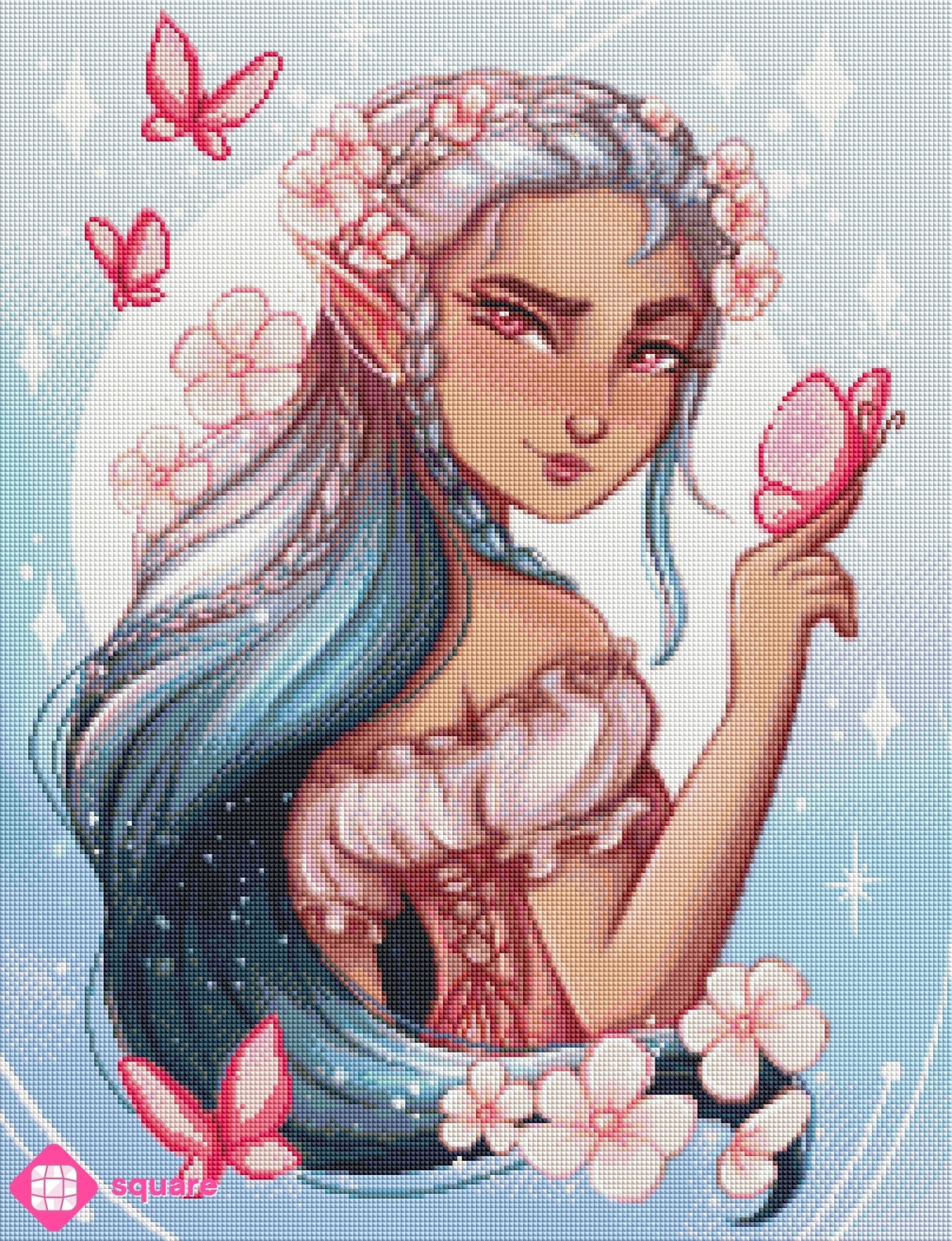 Vorschau eines Fantasy Diamond Paintings mit Elfe, rosa Blumen und Schmetterlingen in funkelnder Steinoptik