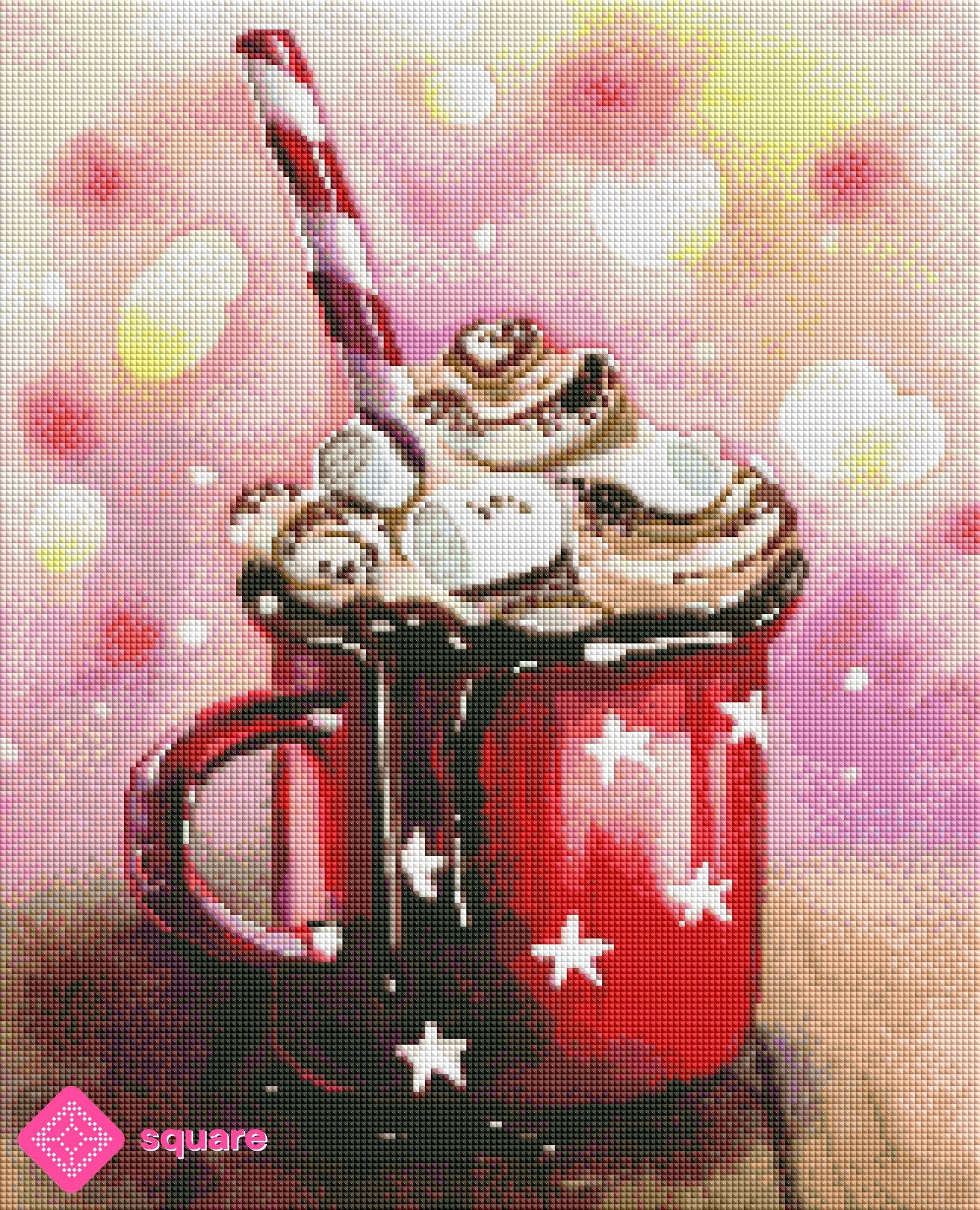 Diamond Painting Vorschau mit heißer Schokolade in Tasse in funkelnder Steinoptik