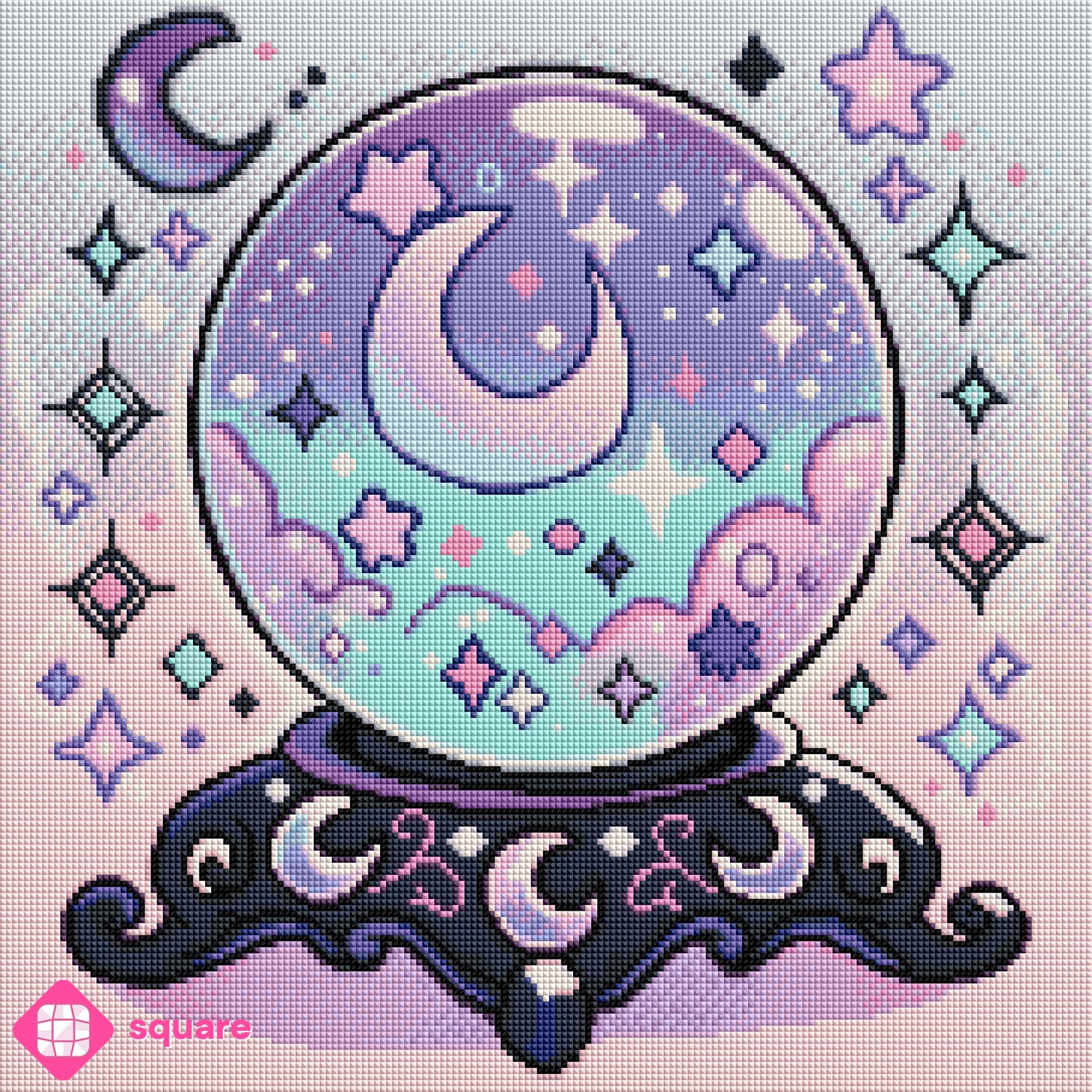 Diamond Painting Vorschau einer mystischen Kristallkugel auf einem reich verzierten Sockel mit Wolken, Mond und Sternen im Inneren, umgeben von funkelnden Sternen und magischem Glitzern, in funkelnder Steinoptik als Render-Vorschau