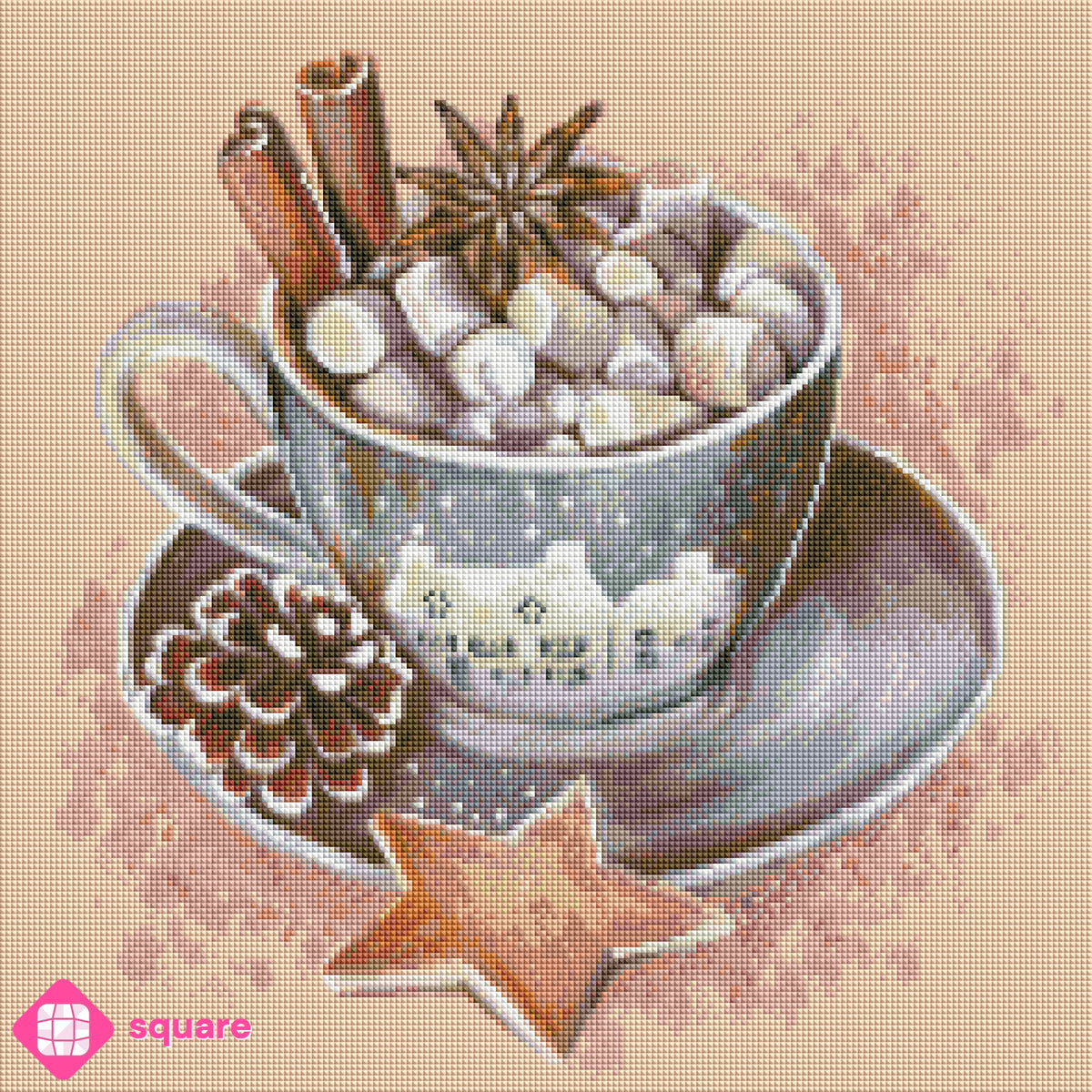 Diamond Painting Vorschau mit winterlicher Tasse und süßen Köstlichkeiten in funkelnder Steinoptik