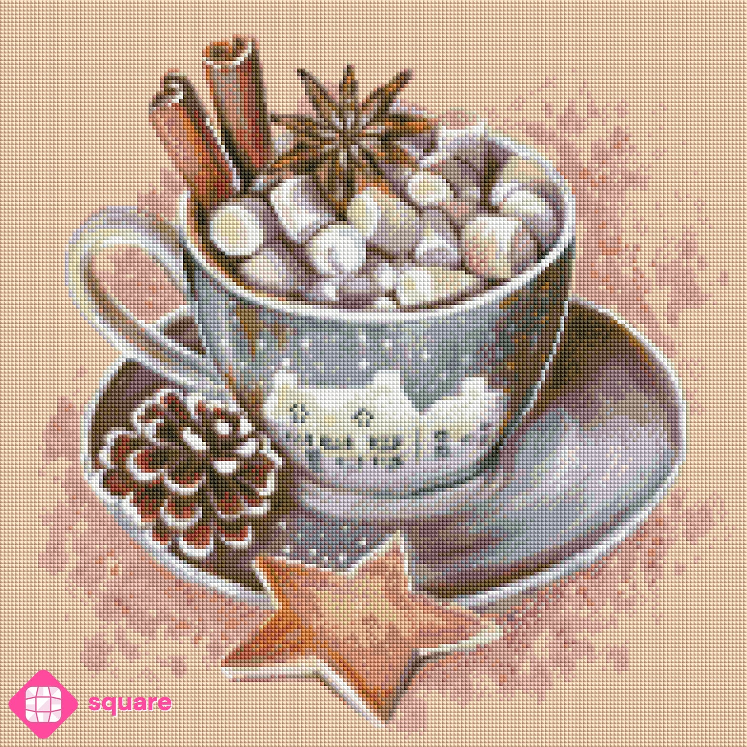 Diamond Painting Vorschau mit winterlicher Tasse und süßen Köstlichkeiten in funkelnder Steinoptik