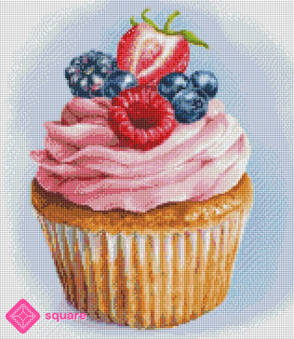 Diamond Painting Cupcake mit Erdbeeren, Himbeeren und Blaubeeren in funkelnder Steinoptik
