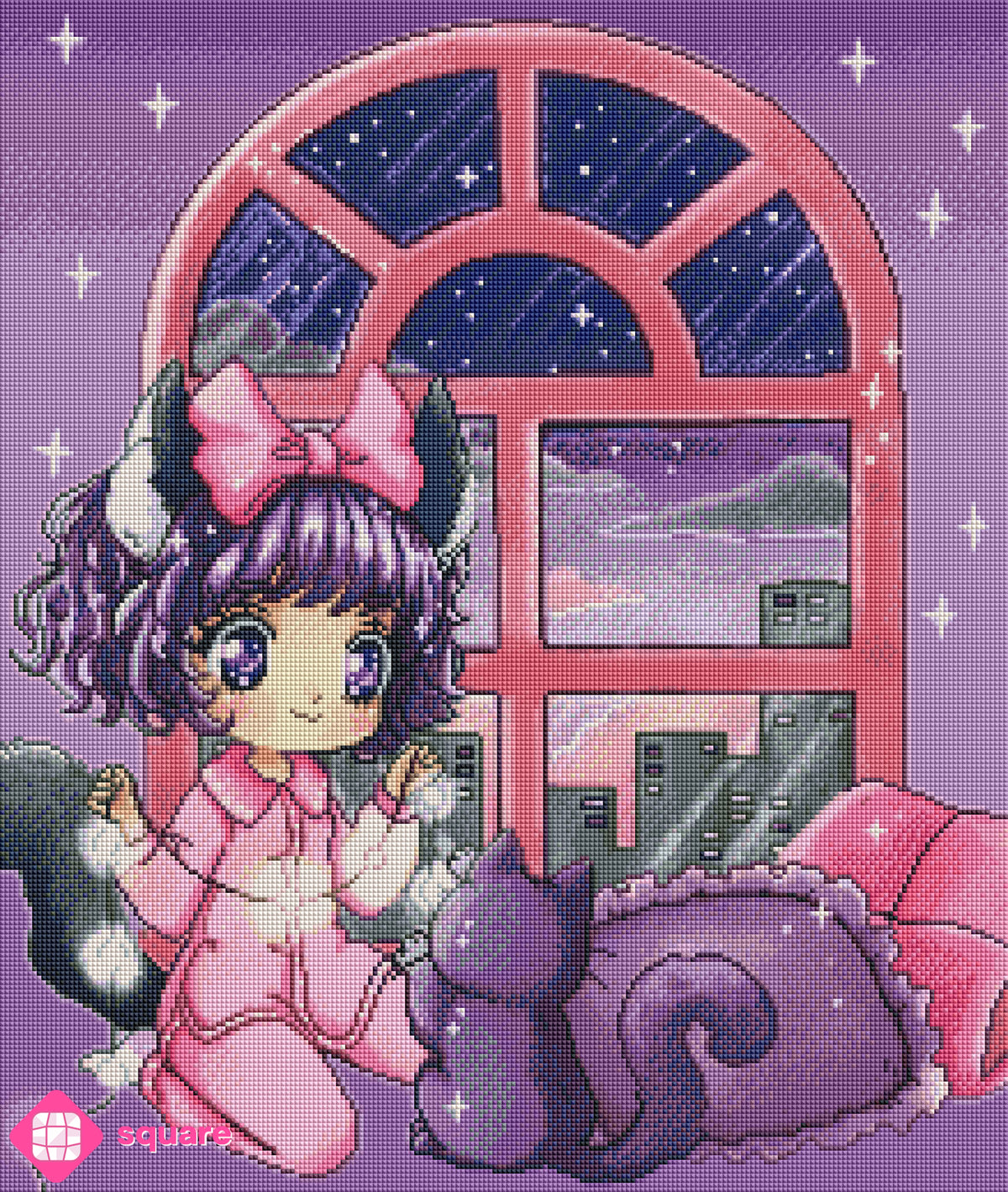 Diamond Painting Vorschau mit niedlichem Kawaii Mädchen im Katzenkostüm und Pyjama, pinker Schleife und großen Augen, gemeinsam mit einer kleinen schwarzen Katze und einer Lichterkette vor einem Panoramafenster mit Skyline  in funkelnder Steinoptik als Render-Vorschau