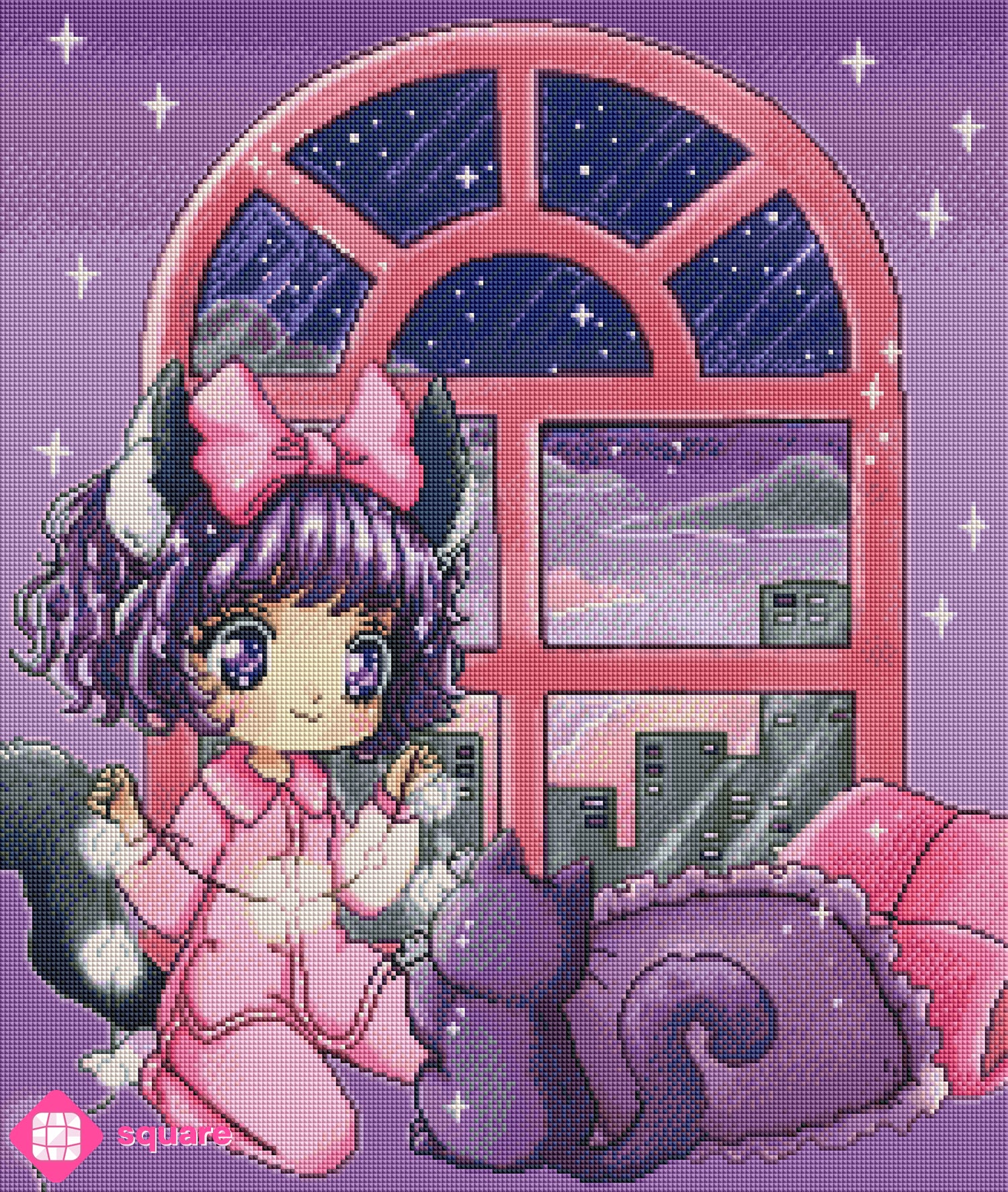 Diamond Painting Vorschau mit niedlichem Kawaii Mädchen im Katzenkostüm und Pyjama, pinker Schleife und großen Augen, gemeinsam mit einer kleinen schwarzen Katze und einer Lichterkette vor einem Panoramafenster mit Skyline in funkelnder Steinoptik