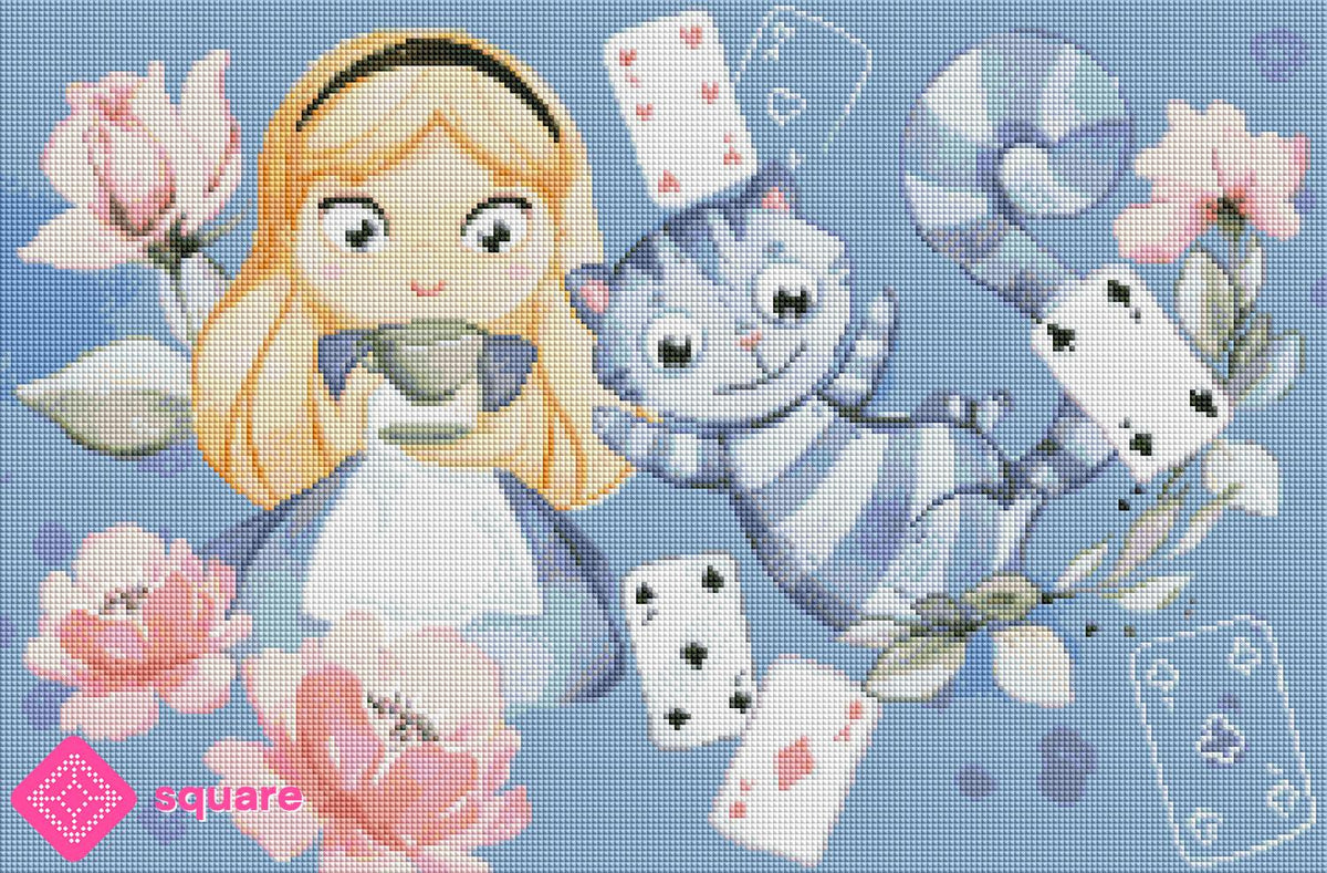 Vorschau eines märchenhaften Alice Diamond Paintings mit Teetasse, Cheshire-Katze und fliegenden Spielkarten in funkelnder Steinoptik