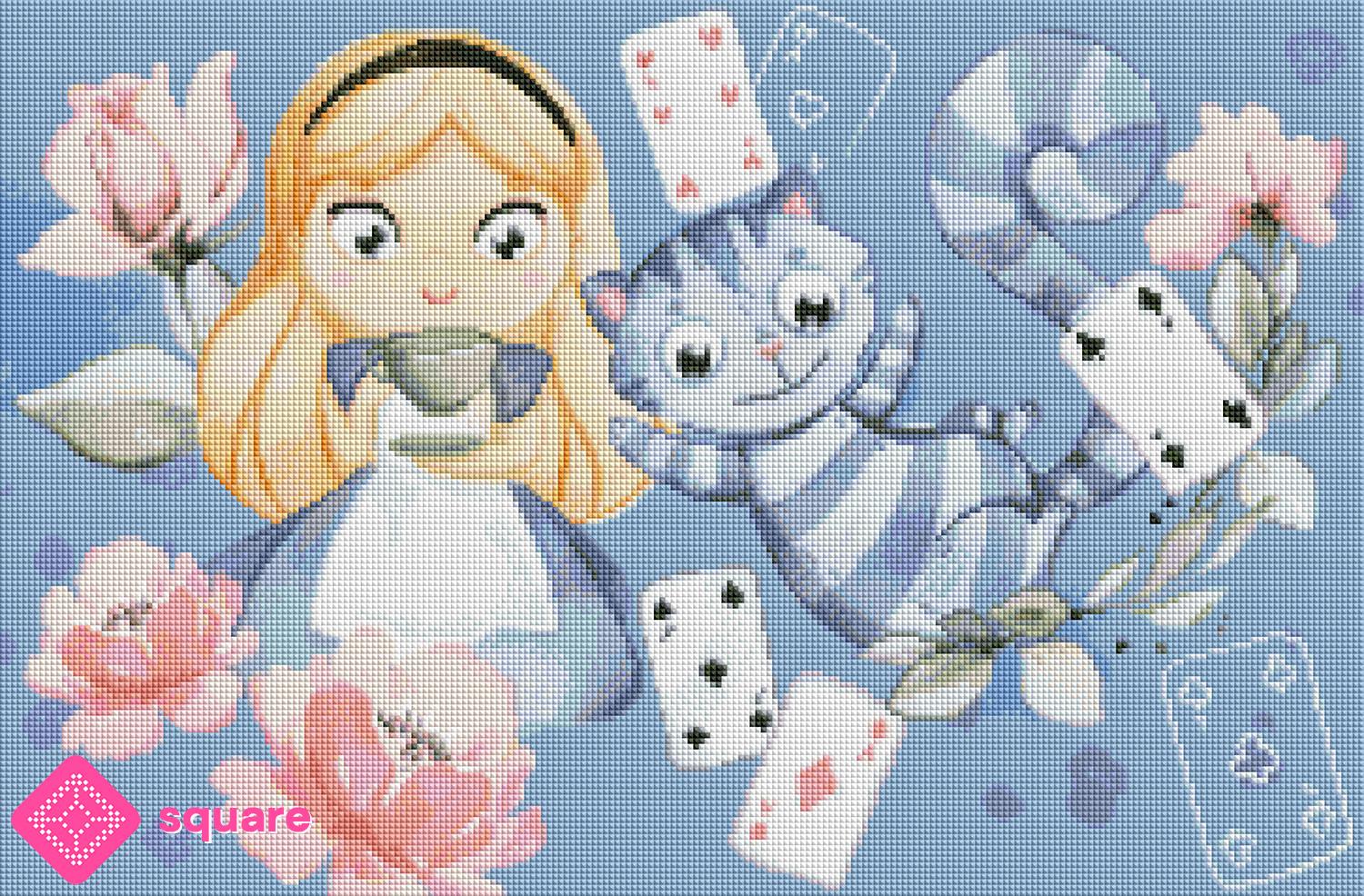 Vorschau eines märchenhaften Alice Diamond Paintings mit Teetasse, Cheshire-Katze und fliegenden Spielkarten in funkelnder Steinoptik