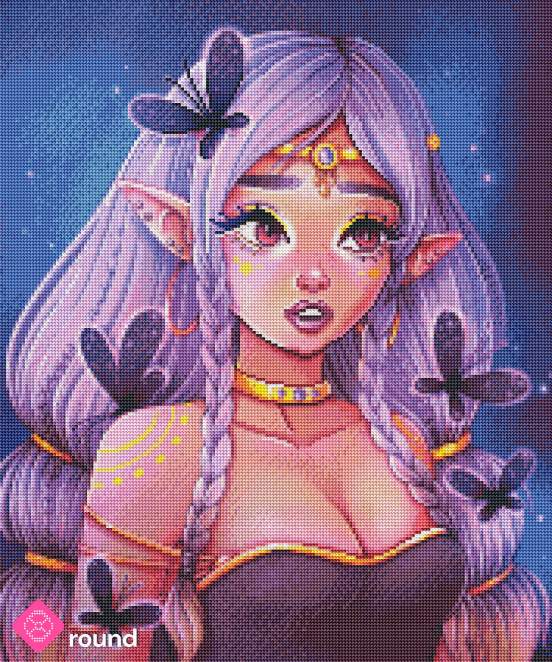 Diamond Painting Vorschau mit Dark Elf  umgeben von Schmetterlingen in funkelnder Steinoptik