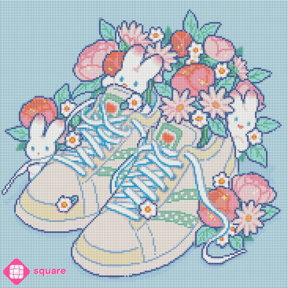 Vorschau eines Diamond Paintings von Hiroko mit Blumen Sneakern und Häschen in funkelnder Steinoptik