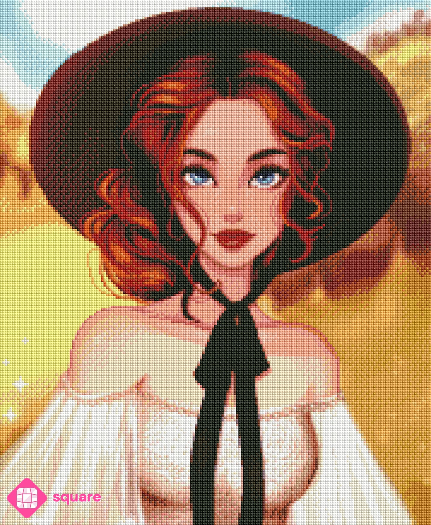 Diamond Painting Vorschau von einer jungen Frau mit lockigem rotem Haar, weißem Spitzenkleid und großem dunklem Hut am goldenen Feld, in funkelnder Steinoptik als Render-Vorschau