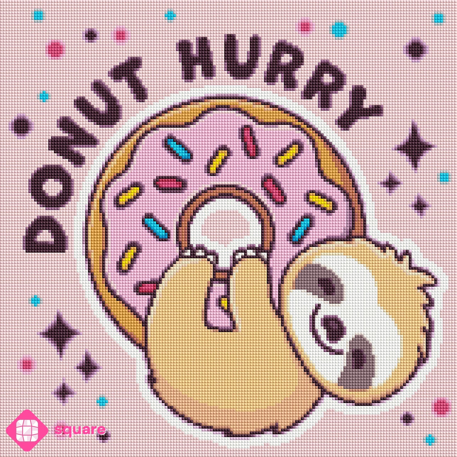 Diamond Painting Vorschau mit Faultier und Donut Motiv und glitzernden Diamantsteinen