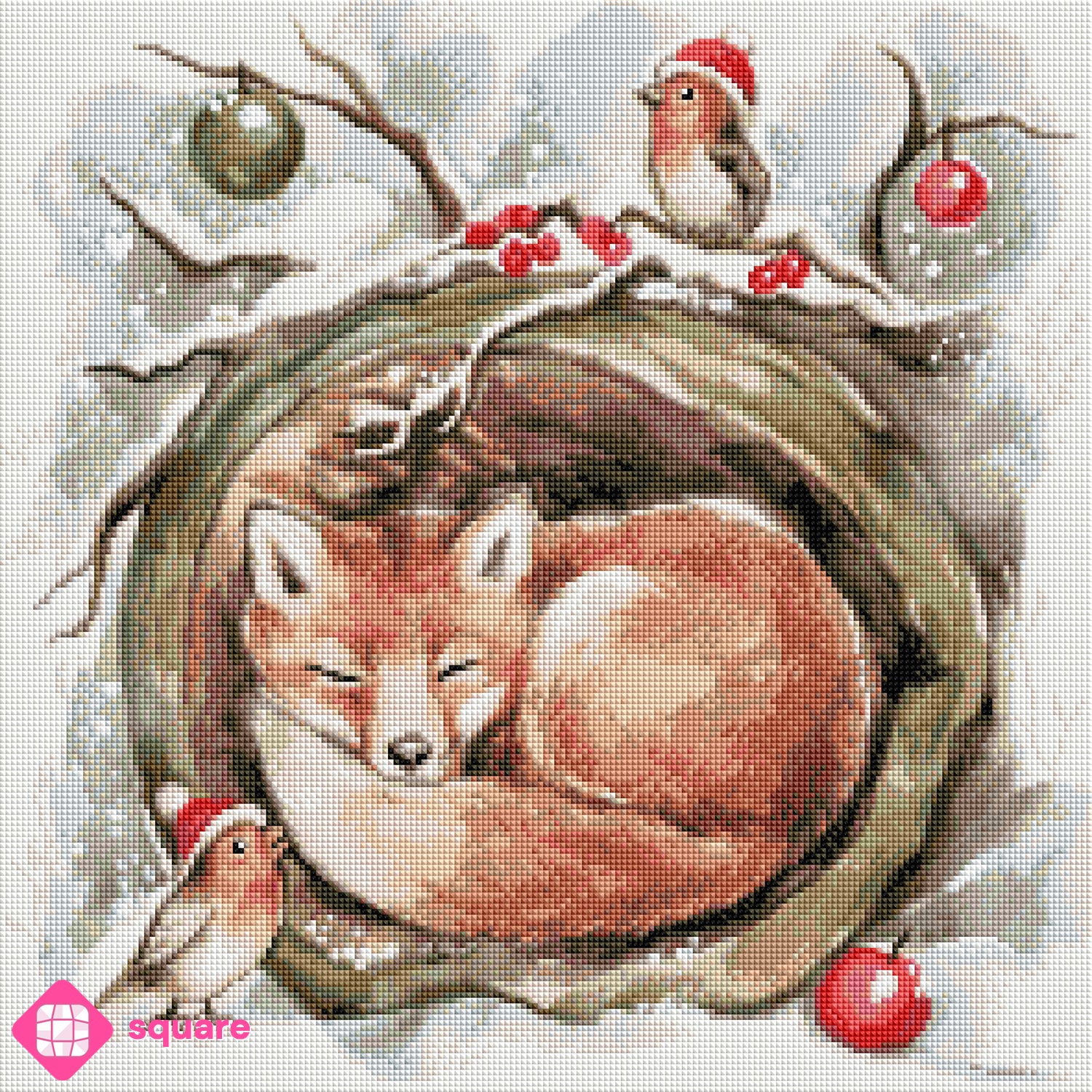 Diamond Painting Vorschau mit gemütlich schlummerndem Fuchs in seinem Bau, Schneeflocken vor dem Eingang und niedlichen Rotkehlchen mit Weihnachtsmützen auf festlich geschmückten Zweigen in funkelnder Steinoptik
