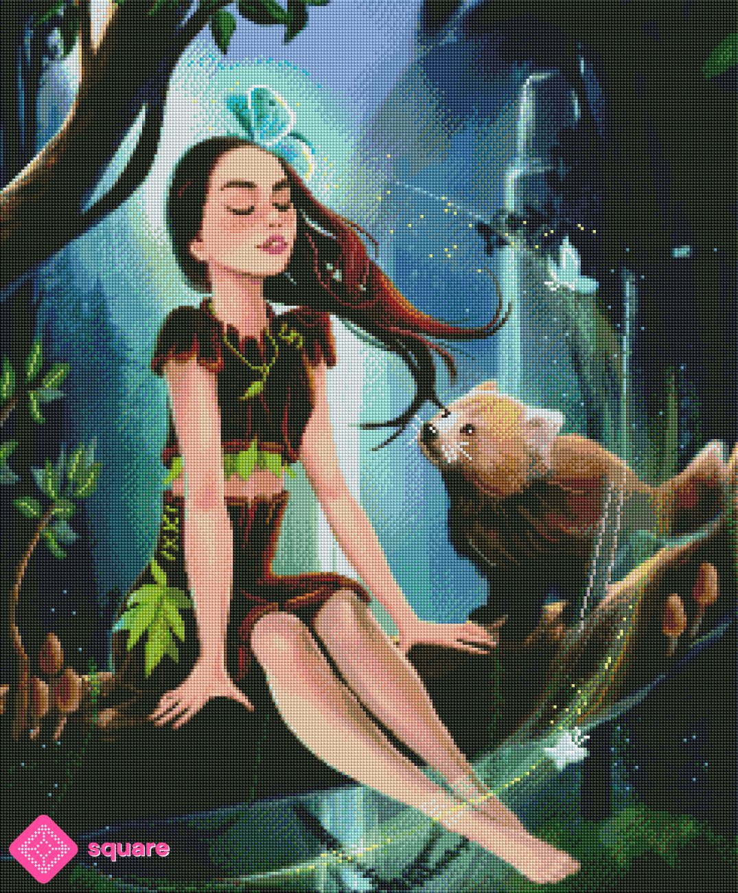 Diamond Painting Vorschau mit Urwald Mädchen und rotem Panda in funkelnder Steinoptik