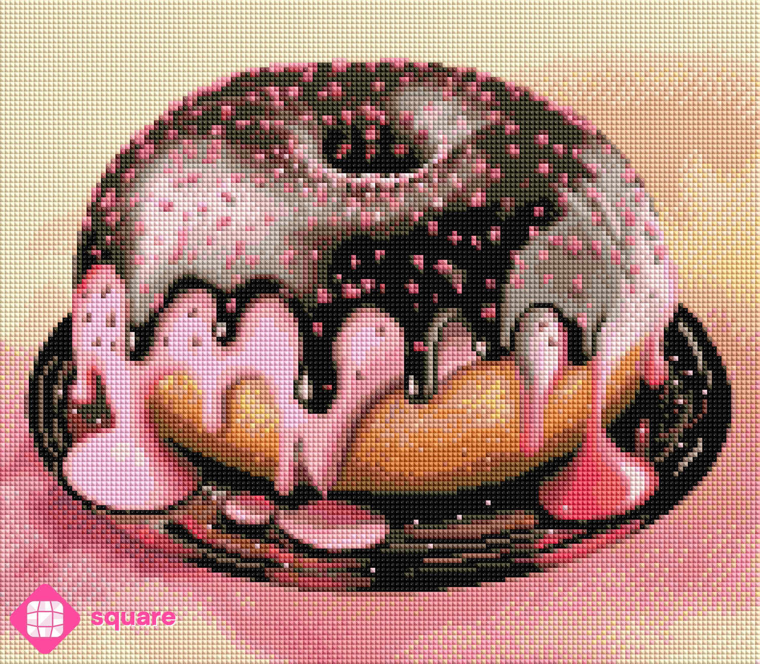 Diamond Painting Vorschau mit einem prachtvollen Donut auf einem dunklen Teller, bei dem rosafarbene Erdbeerglasur und darüber glänzende Schokoladenglasur verführerisch herabtropfen, in funkelnder Steinoptik