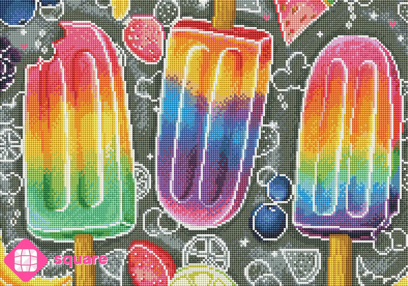 Diamond Painting  Vorschau 3 bunte Eis am Stiel in Regenbogenfarben umgeben von sommerlichem Obst in funkelnder Steinoptik als Render-Vorschau 