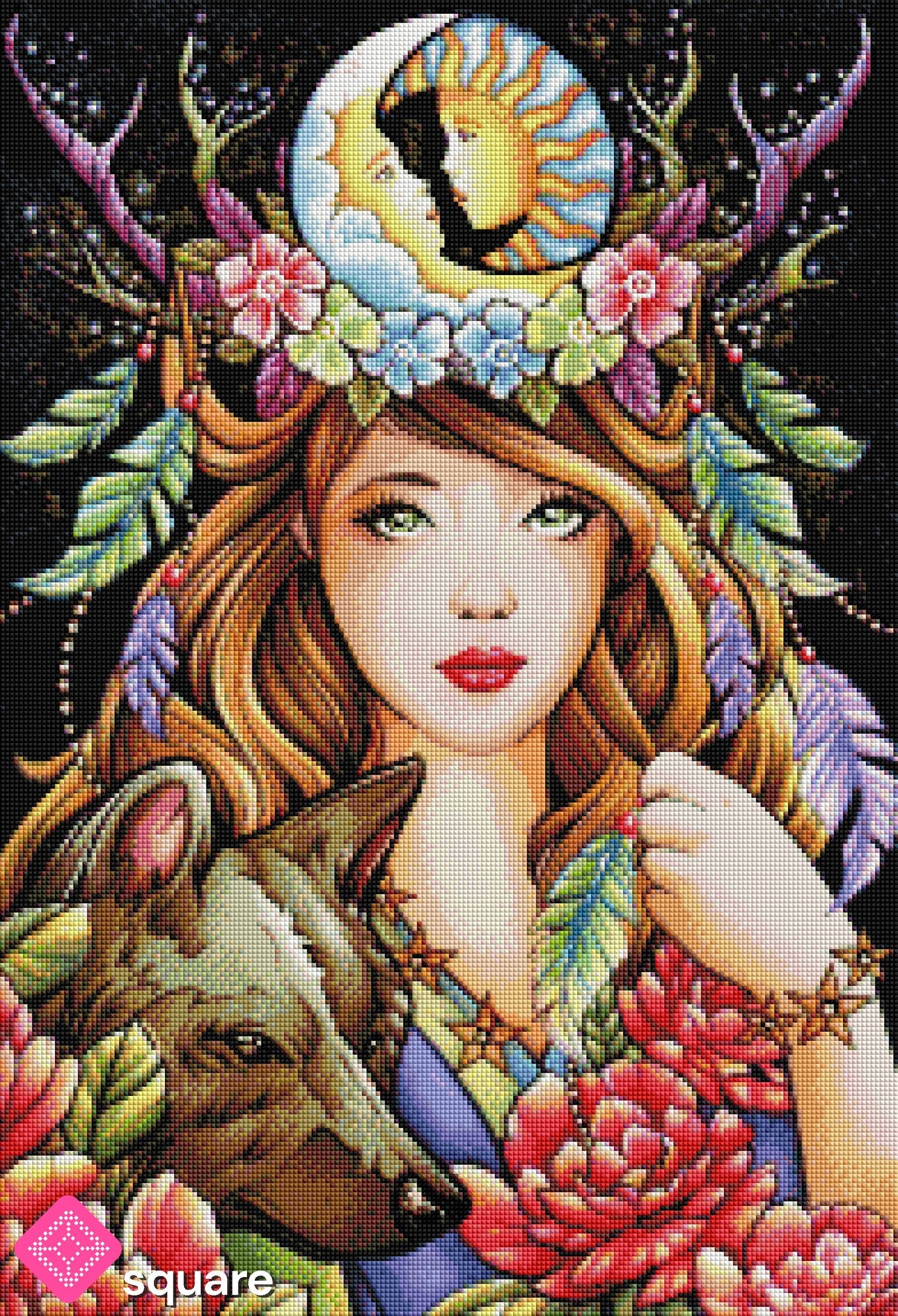 Diamond Painting Vorschau mit Mädchen, Geweih und Wolfshund in funkelnder Steinoptik