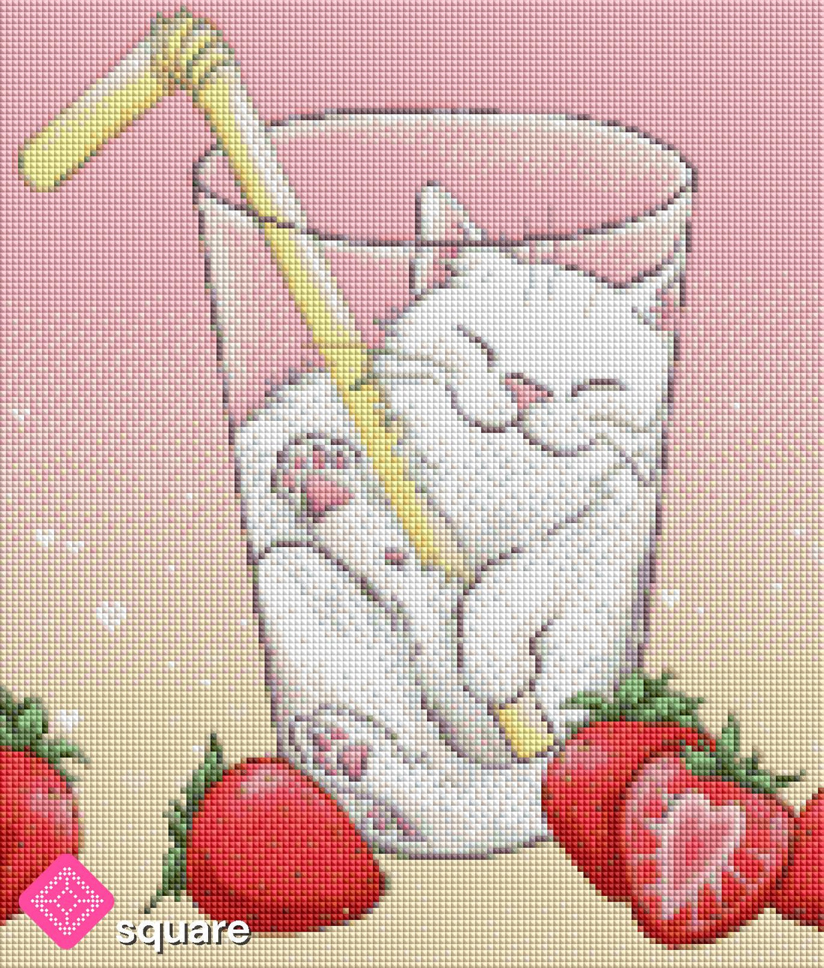 Diamond Painting Vorschau mit schlafender Katze im Erdbeermilchglas und Erdbeeren in funkelnder Steinoptik