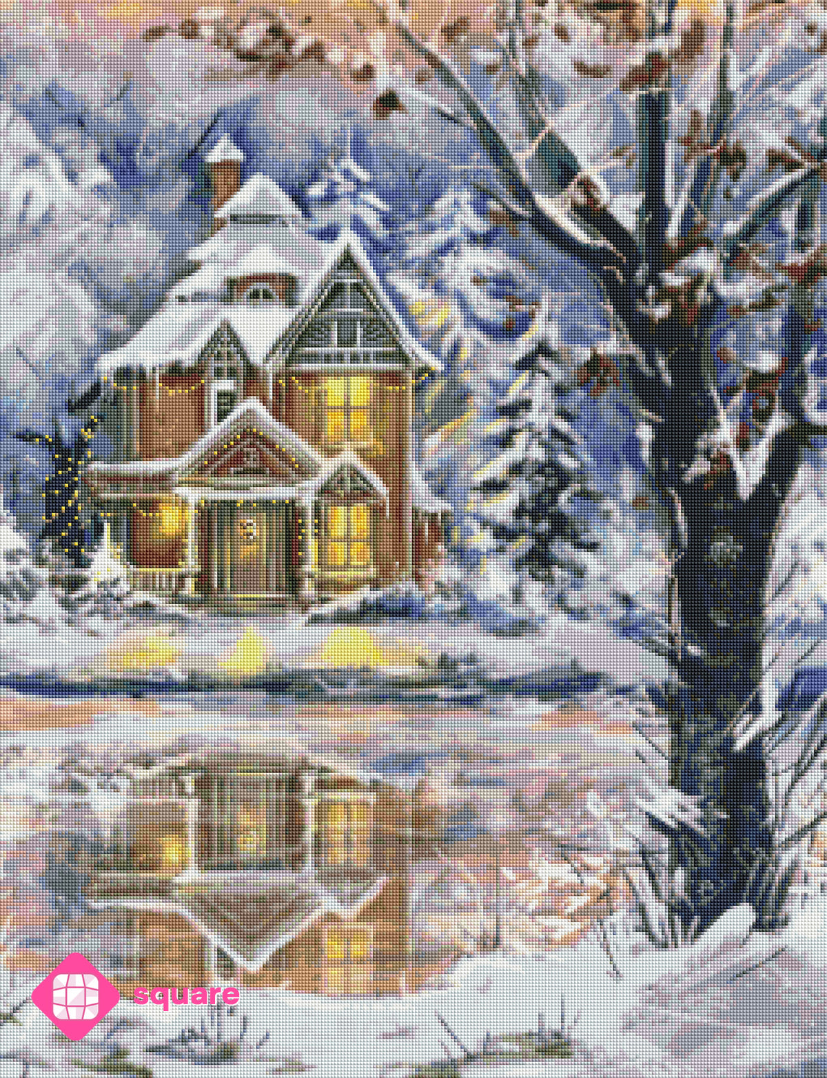 Diamond Painting Vorschau mit märchenhaft beleuchtetem Weihnachtshaus am gefrorenen See, verschneiter Landschaft und funkelnden Lichtern in stimmungsvoller Steinoptik