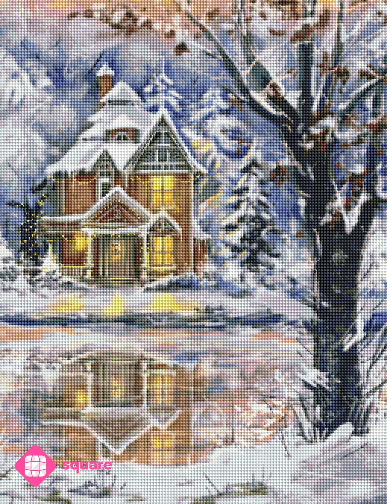 Diamond Painting Vorschau mit märchenhaft beleuchtetem Weihnachtshaus am gefrorenen See, verschneiter Landschaft und funkelnden Lichtern in stimmungsvoller Steinoptik