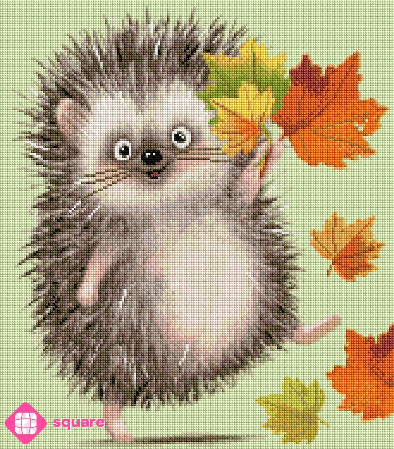 Diamond Painting Vorschau niedlicher Igel mit bunten Herbstblättern in funkelnder Steinoptik als Render-Vorschau