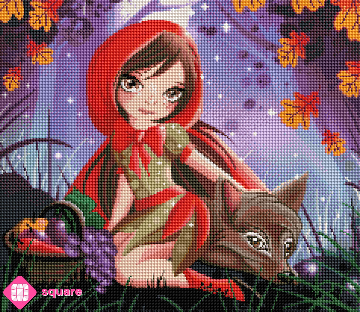 Diamond Painting Vorschau mit kleinem Rotkäppchen beim Picknick im Wald und einem Wolf als freundlichem Begleiter an ihrer Seite, umgeben von fallendem Herbstlaub in funkelnder Steinoptik