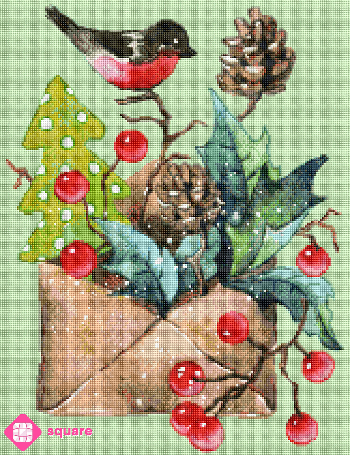 Diamond Painting Vorschau mit festlichem Umschlag, Tannenzapfen, Stechpalmenblättern und roten Beeren sowie einem kleinen Vogel in funkelnder Steinoptik