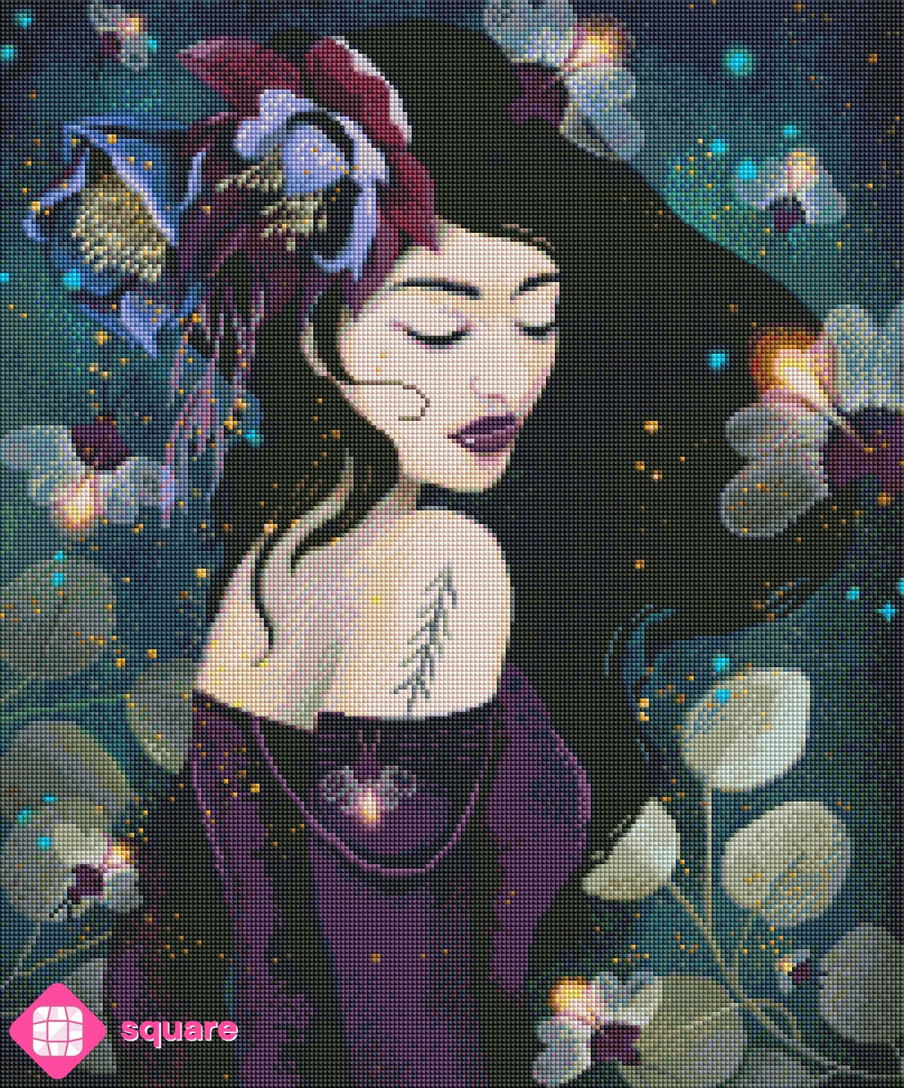 Diamond Painting Vorschau mit Mädchen in dunkelviolettem Kleid und großen Blüten im schwarzen Haar, umgeben von unzähligen funkelnden Glühwürmchen in der Nacht