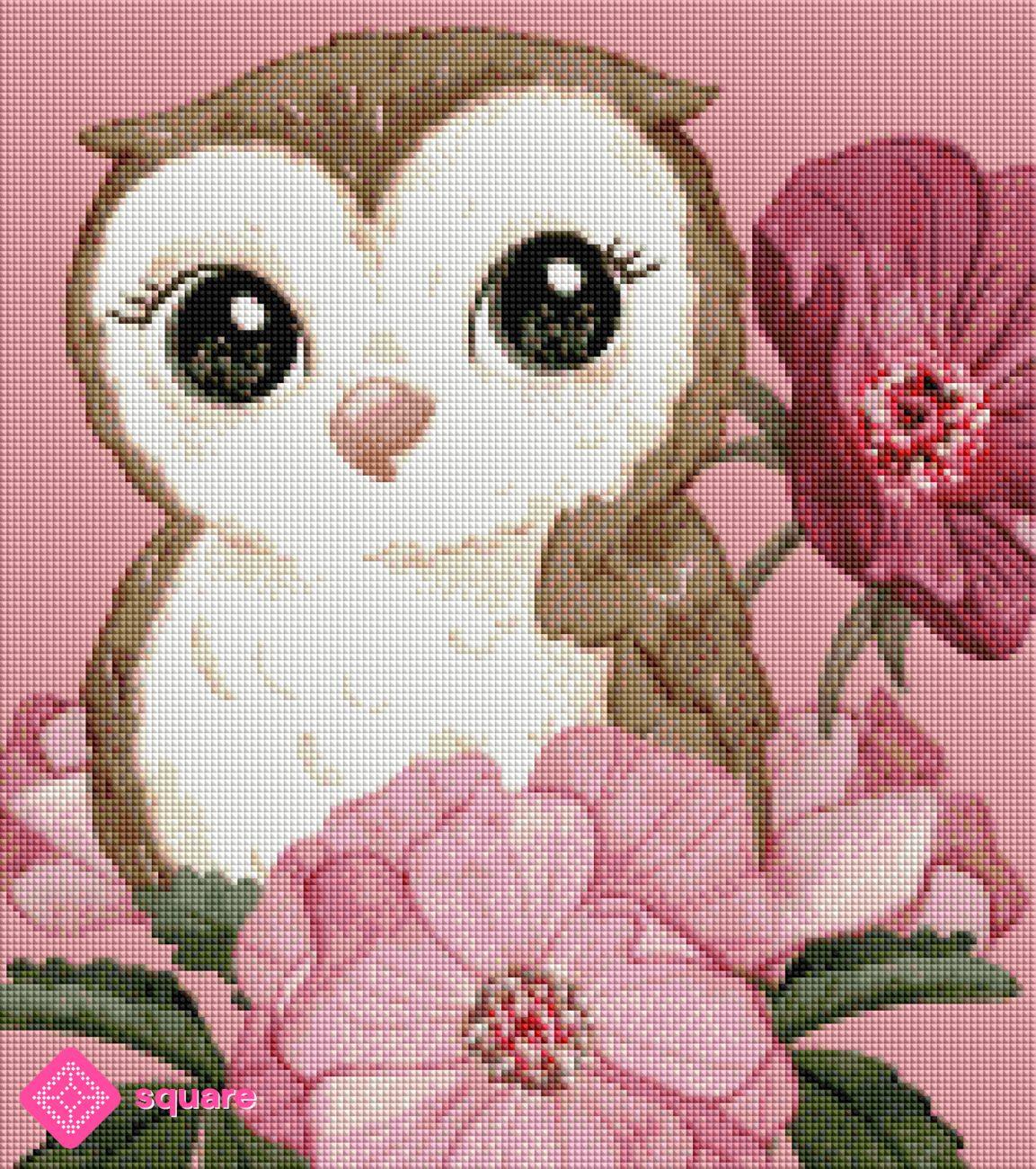 Vorschau eines rosa Diamond Paintings mit Eule und Rosen in romantischer, funkelnder Steinoptik
