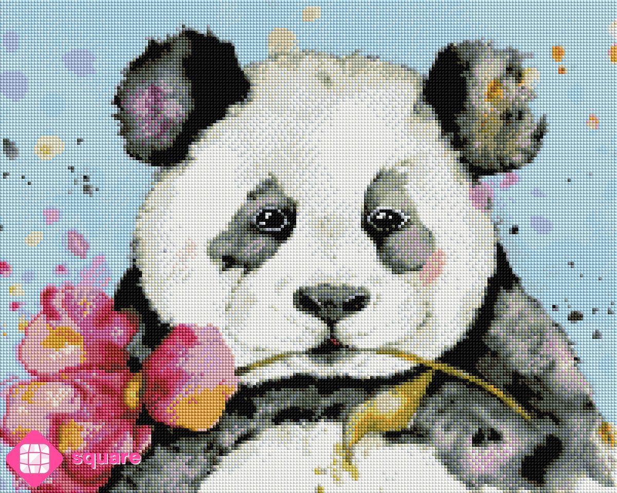 Diamond Painting Vorschau eines niedlichen Pandabären mit großer pink-goldener Blüte im Maul vor hellblauem Hintergrund und bunten Konfetti-Spritzern, in funkelnder Steinoptik als Render-Vorschau