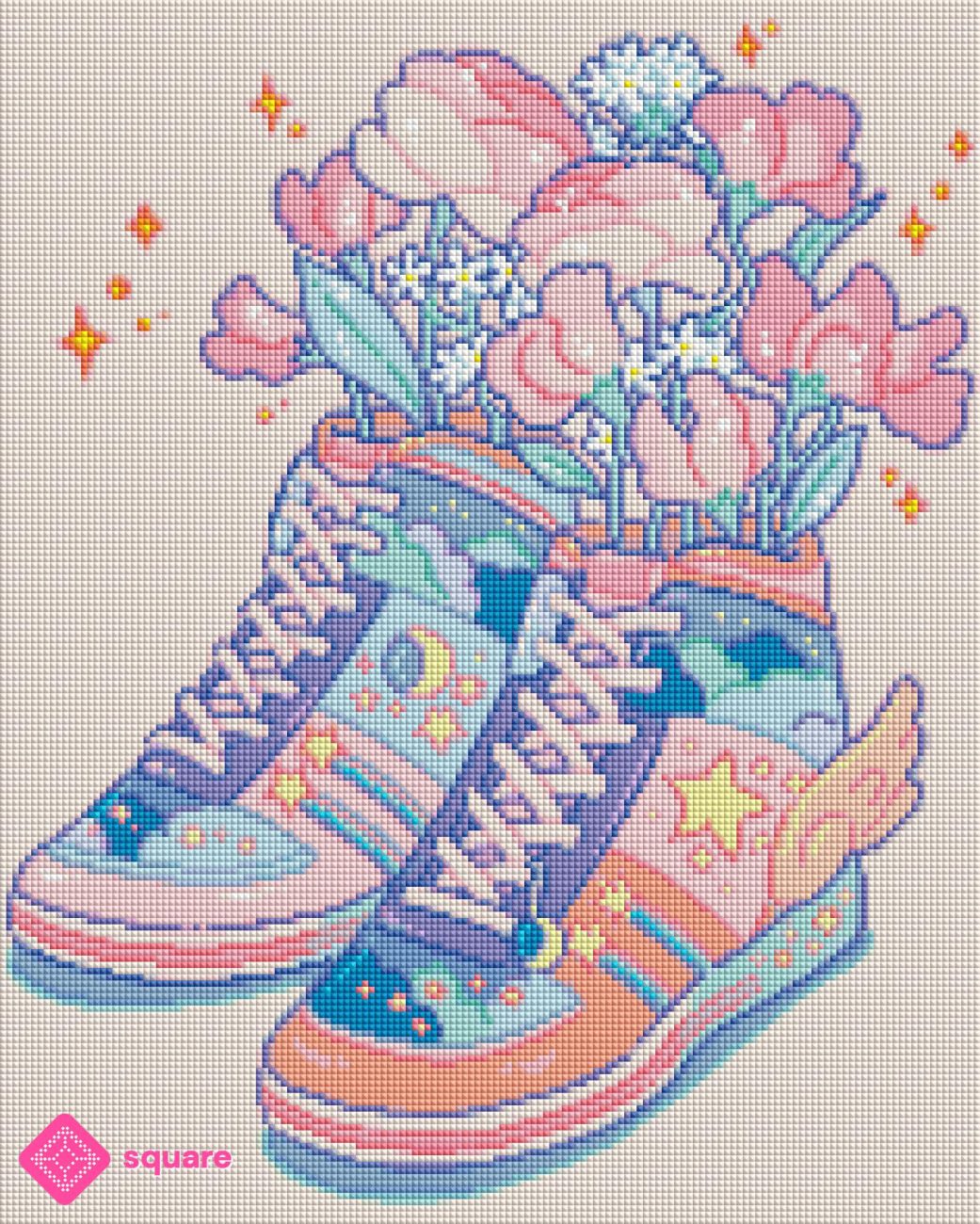 Vorschau eines Diamond Paintings von Hiroko mit Blumen Sneakern in funkelnder Steinoptik