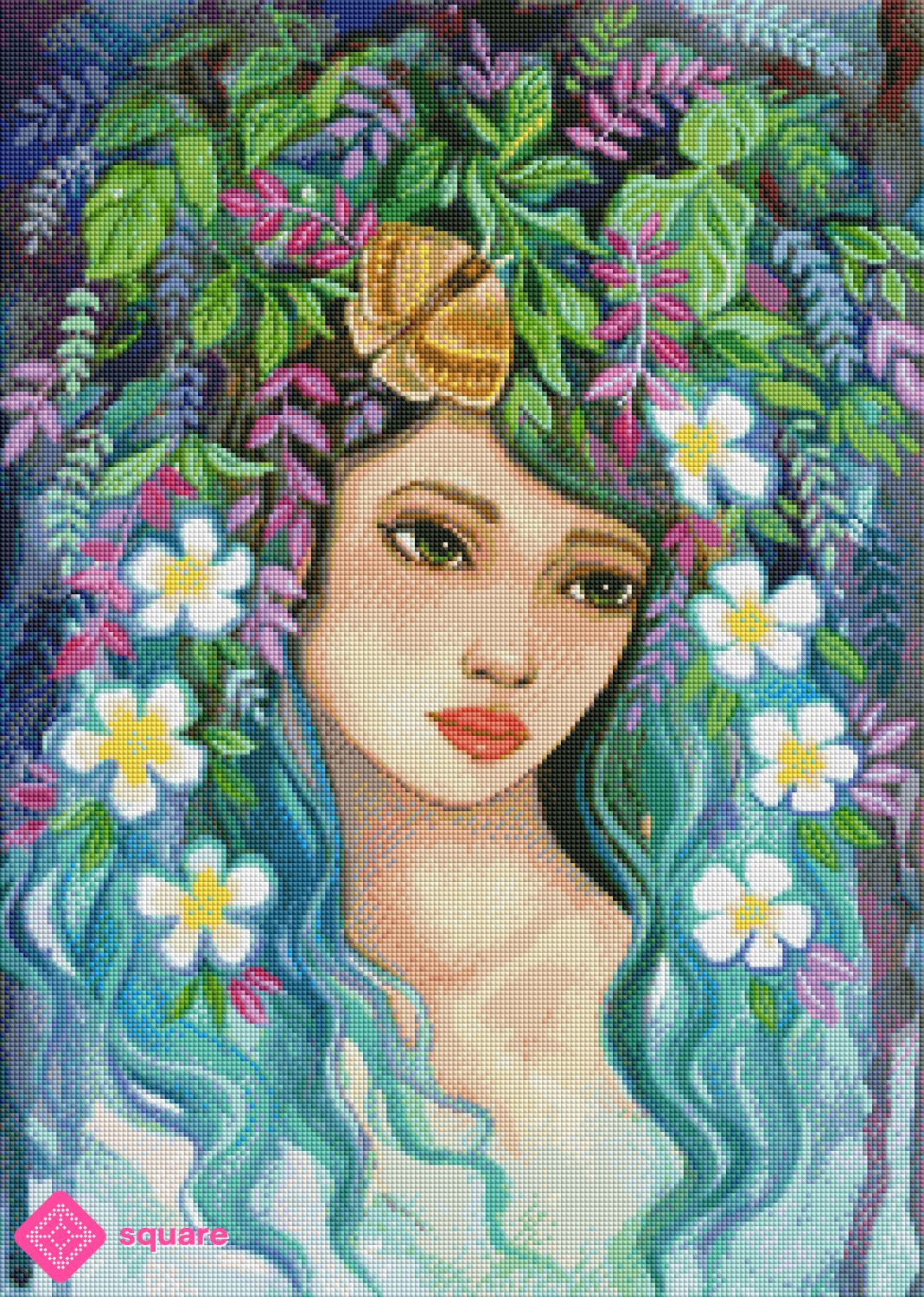 Diamond Painting Vorschau mit Waldmädchen und floralem Blätterhaar mit Nachtfalter in funkelnder Steinoptik