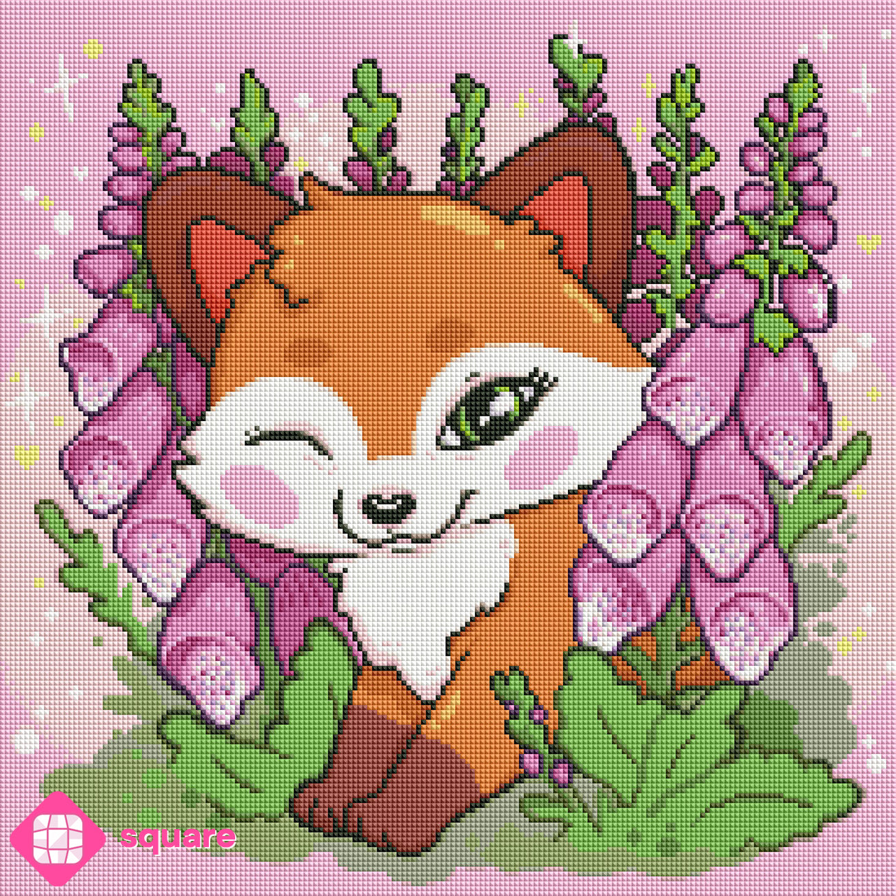 Diamond Painting Fuchs umgeben von Fingerhutblüten in funkelnder Steinoptik