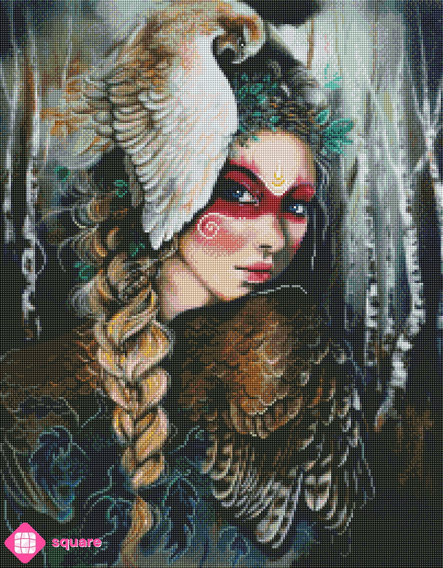 Vorschau eines mystischen Fantasy Diamond Paintings mit Waldfee Freya und Falke in funkelnder Steinoptik