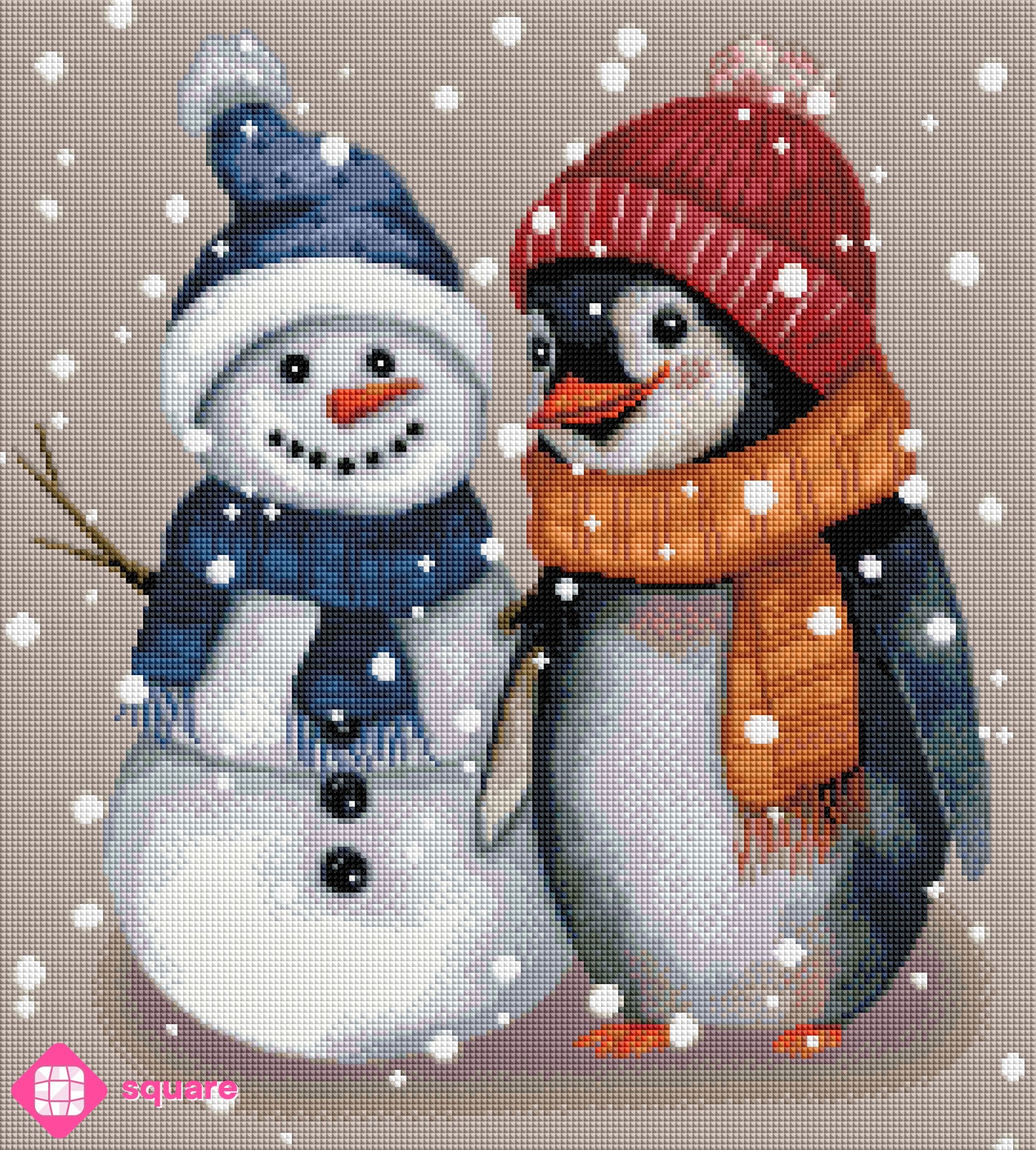 Diamond Painting Vorschau mit einem niedlichen kleinen Pinguin und einem kleinen Schneemann mit Schal und Mütze, umgeben von tanzenden Schneeflocken in funkelnder Steinoptik