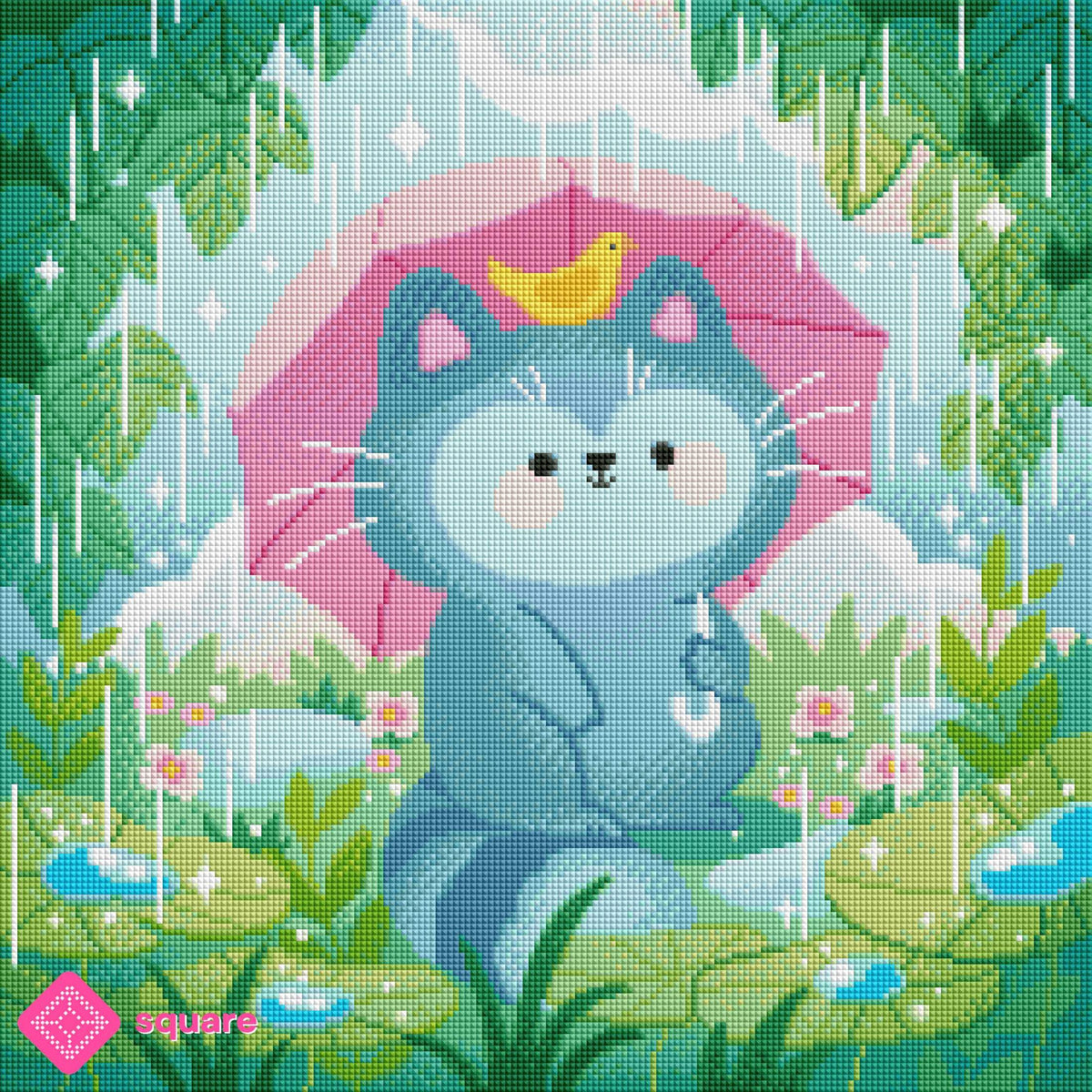 Diamond Painting Vorschau mit niedlichem Waschbär, Vögelchen und Regenschirm in funkelnder Steinoptik
