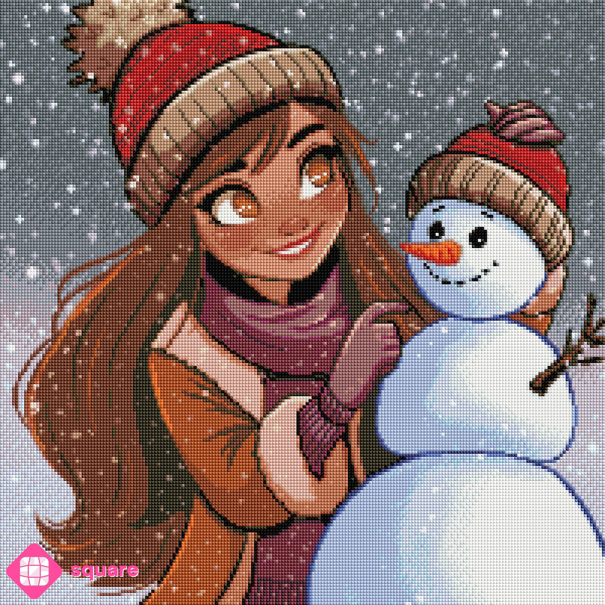 Diamond Painting Vorschau mit einem Mädchen mit langen braunen Haaren und Schal und einem Schneemann, die beide die gleiche Mütze tragen und sich lächelnd ansehen, umgeben von fallenden Schneeflocken in funkelnder Steinoptik