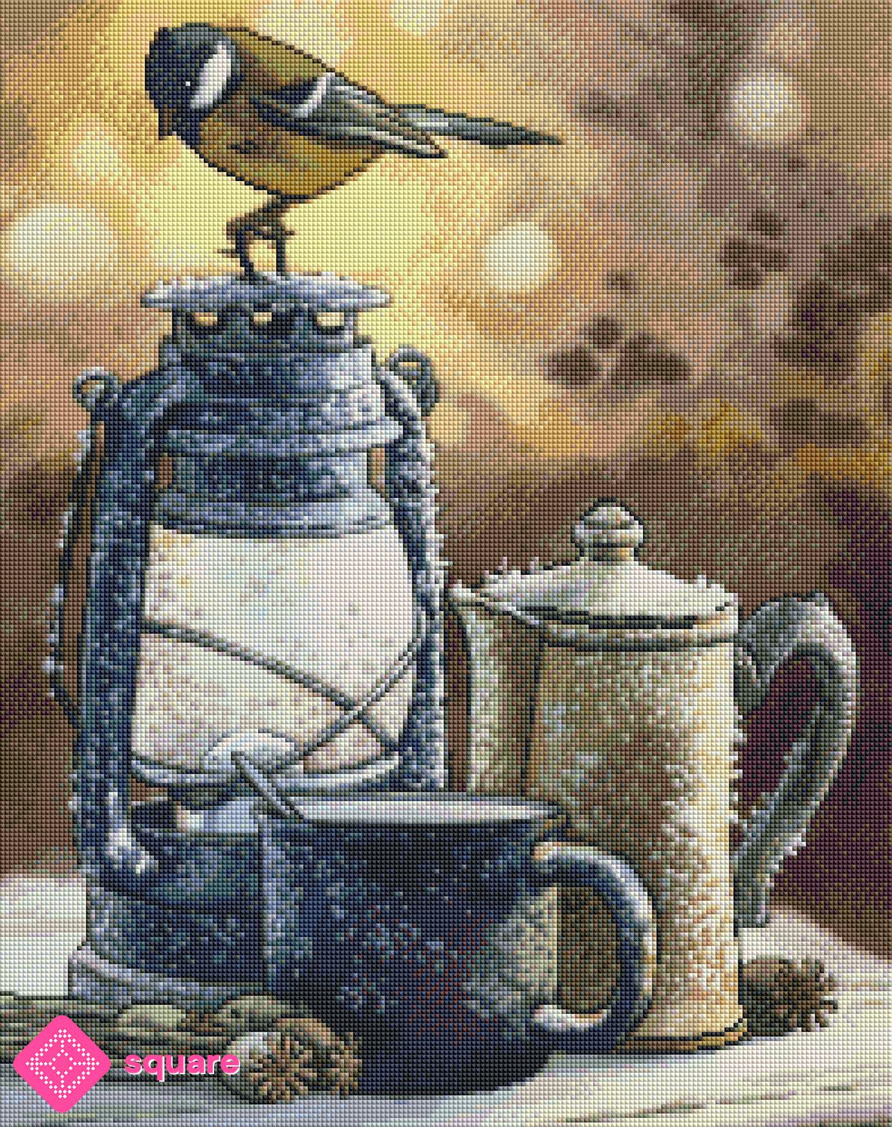 Vorschau eines winterlichen Diamond Paintings mit Meise, Tasse, Kanne und Laterne in funkelnder Steinoptik