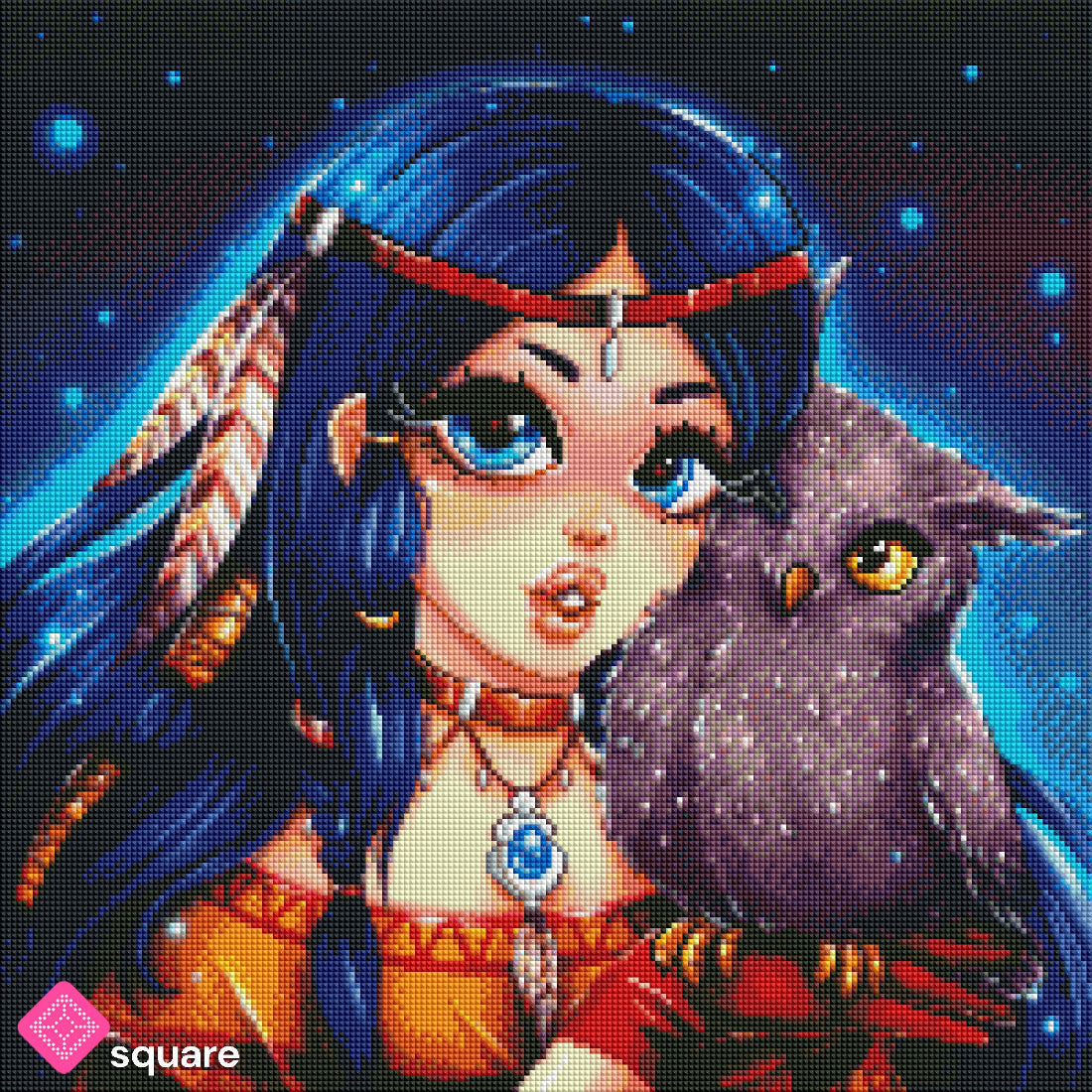 Diamond Painting Vorschau mit Indianermädchen und Eule in funkelnder Steinoptik