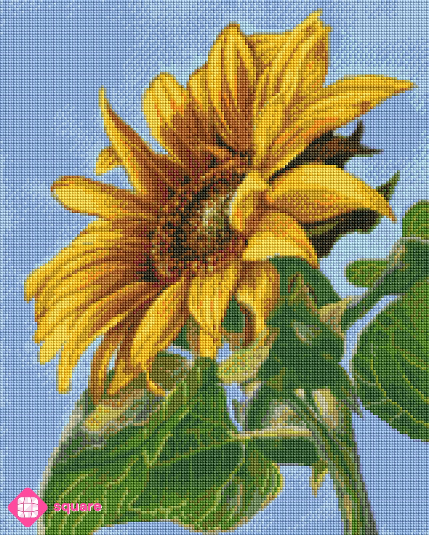 Diamond Painting Vorschau der goldgelben Sonnenblume unter strahlend blauem Himmel, in funkelnder Steinoptik als Render-Vorschau