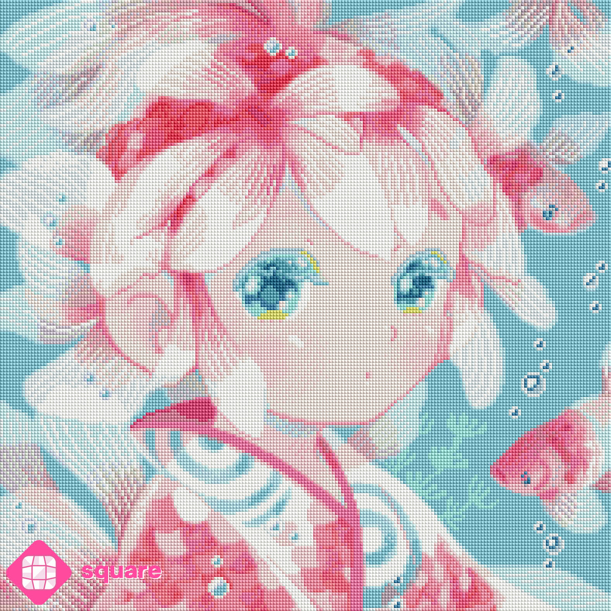 Diamond Painting Vorschau eines fantasievollen Unterwassermotivs von Hiroko mit einem Mädchen im Kimono und zarten Korallen-Blüten auf dem Kopf, begleitet von zahlreichen pastellfarbenen Goldfischen,  in funkelnder Steinoptik als Render-Vorschau