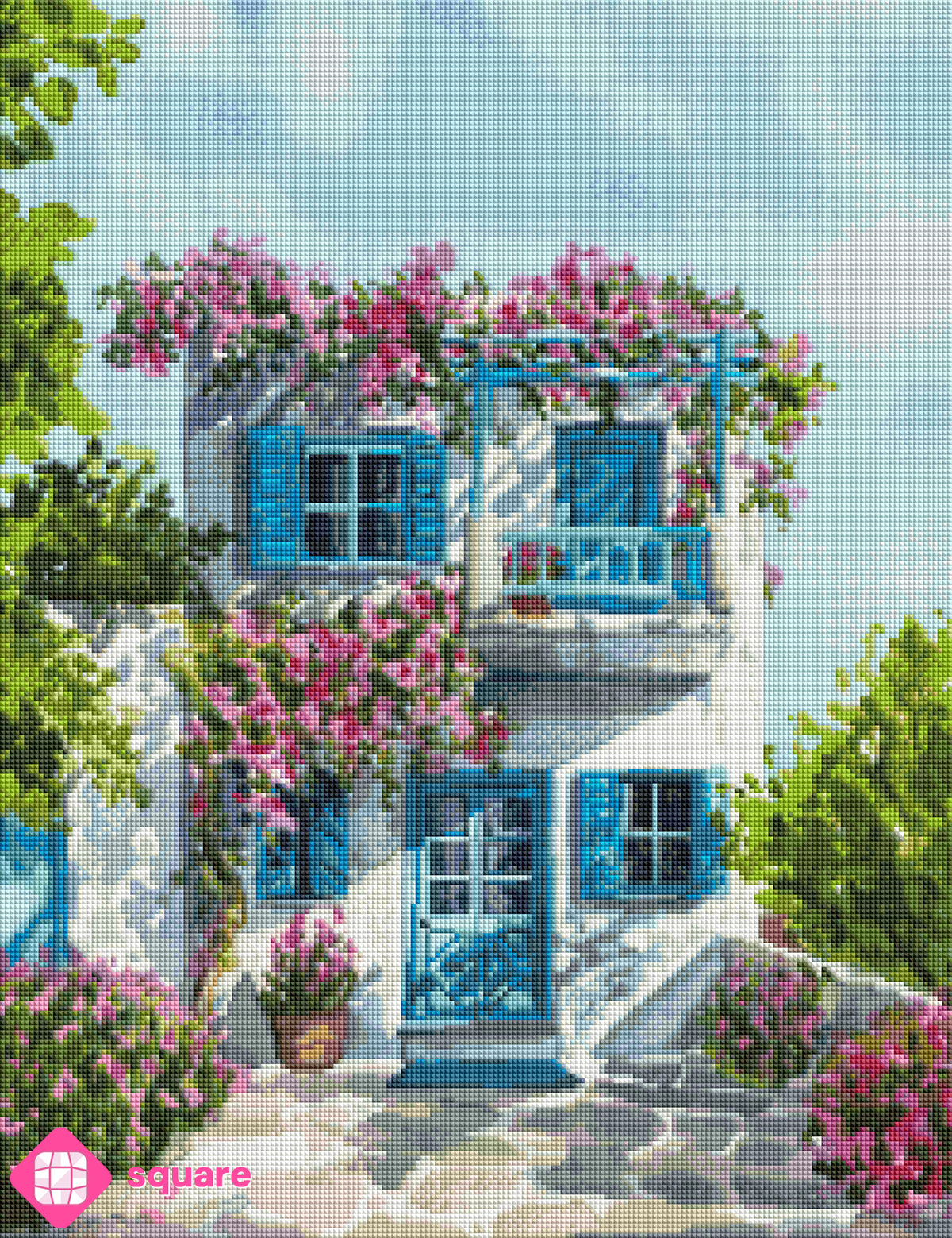 Diamond Painting Vorschau mit einem weißen Haus mit blau-türkisen Fensterläden, umgeben von üppigen rosafarbenen Blüten, in funkelnder Steinoptik als Render-Vorschau
