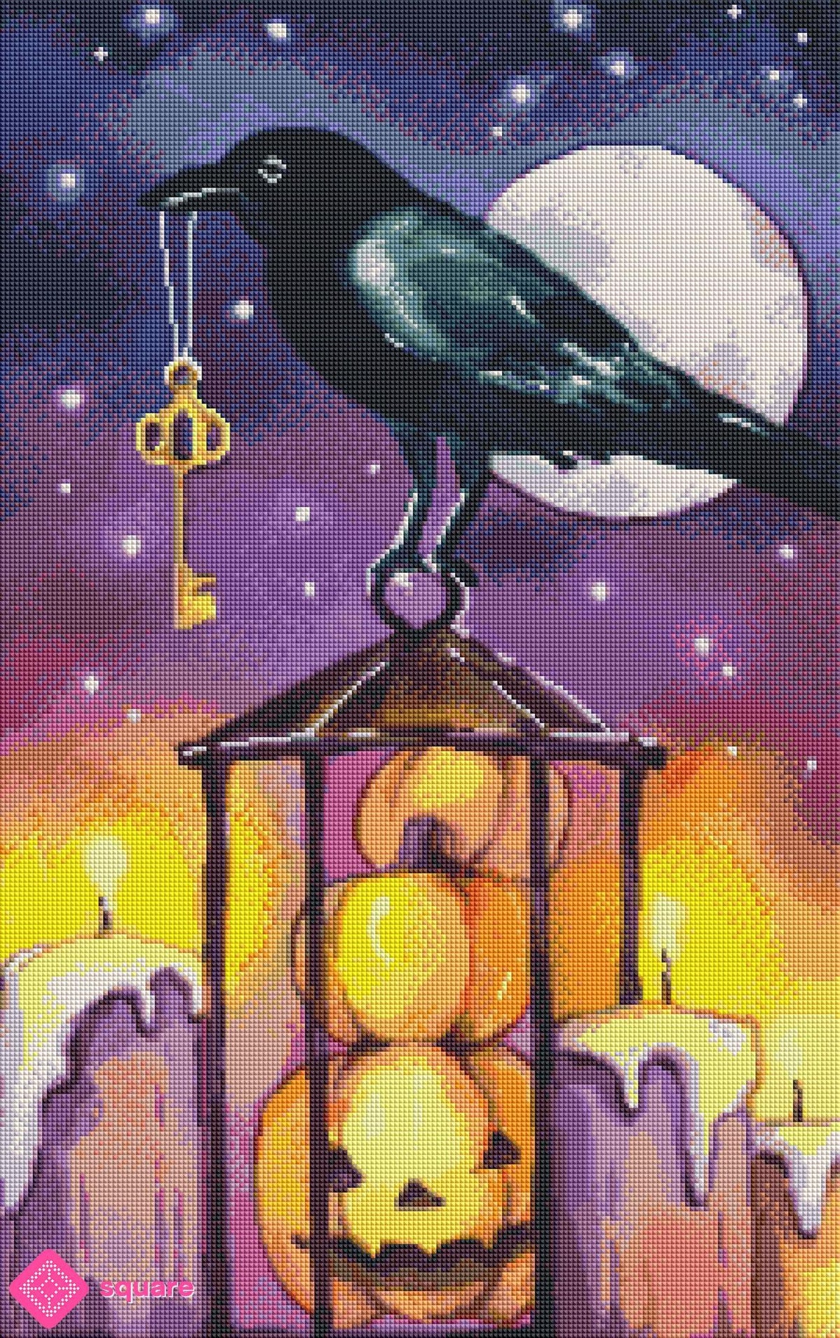 Diamond Painting Vorschau eines Halloween Bildes mit dunklen Farben und Glitzereffekt