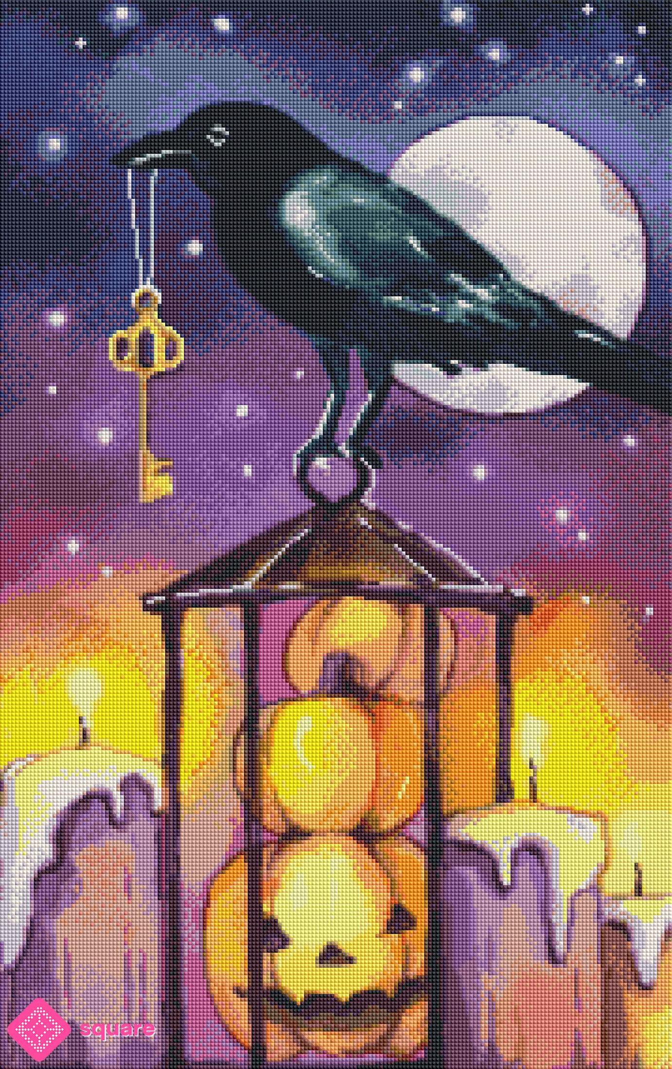 Diamond Painting Vorschau eines Halloween Bildes mit dunklen Farben und Glitzereffekt
