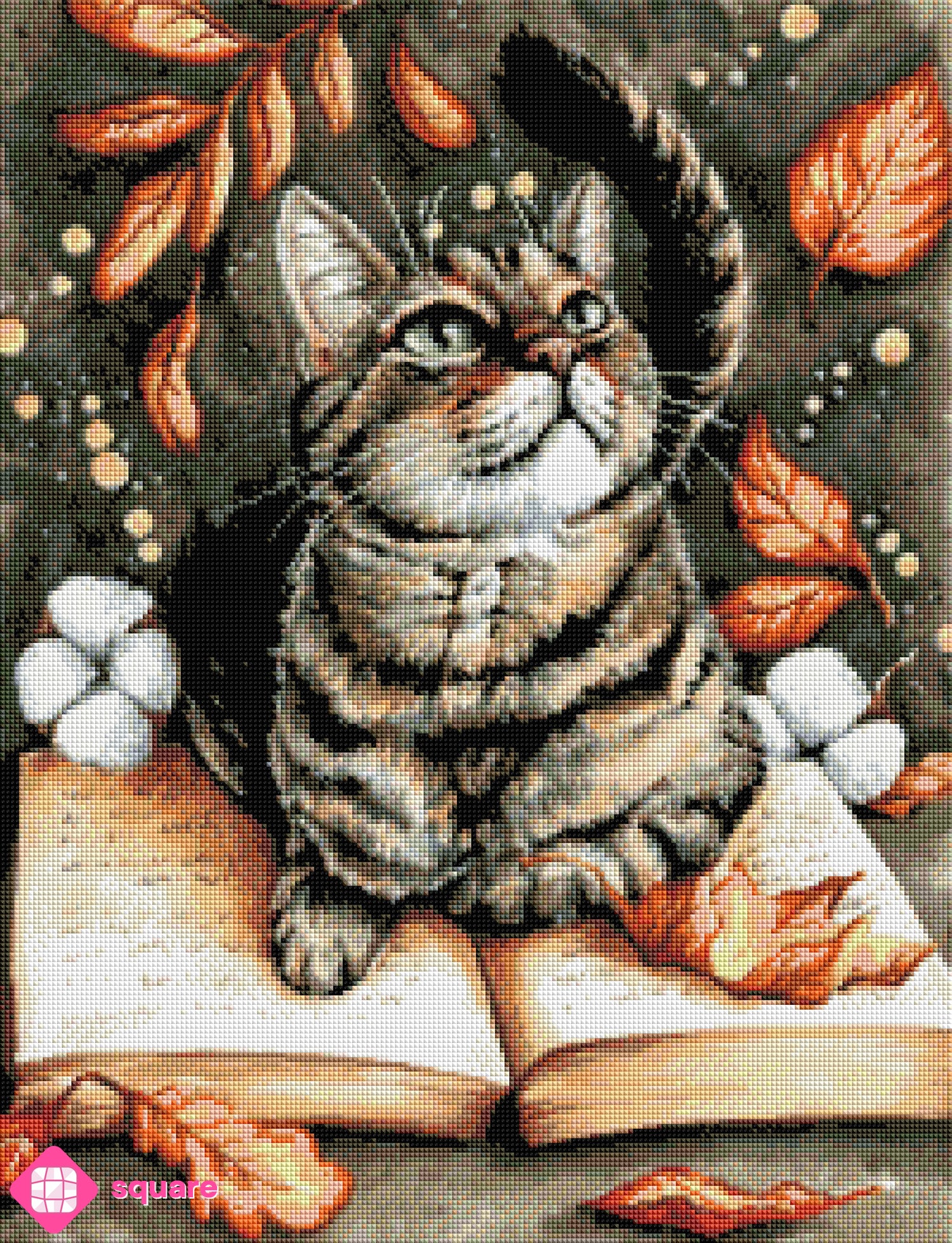 Diamond Painting Vorschau einer Katze mit Buch mit warmen Farben und Steinoptik