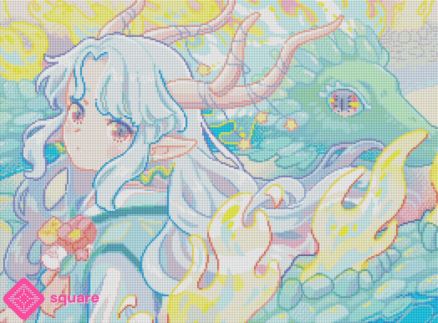Vorschau eines Diamond Paintings von Hiroko mit Fantasy Drache und Elfenwesen in funkelnder Steinoptik